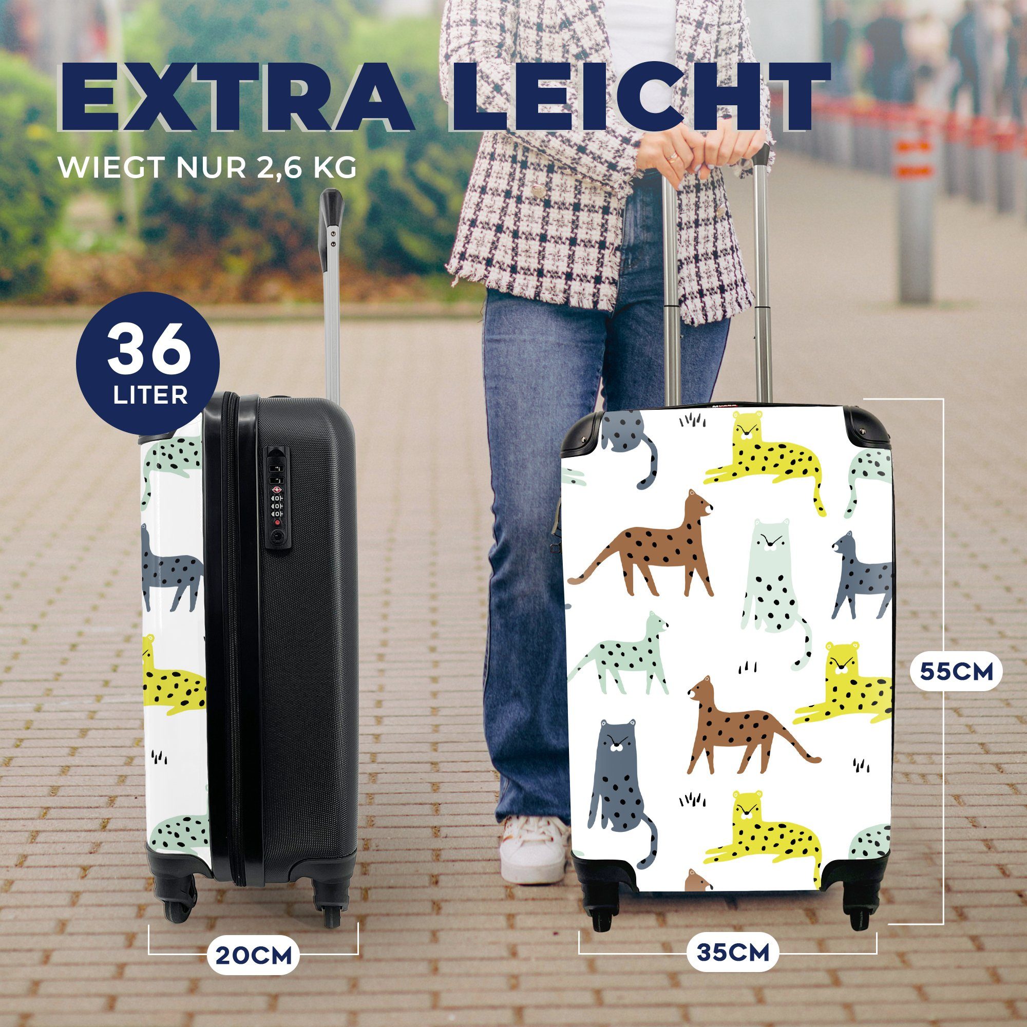 Handgepäckkoffer MuchoWow Ferien, Handgepäck Trolley, mit Rollen, rollen, 4 Katze für Dschungel Reisetasche Reisekoffer - Farben, -