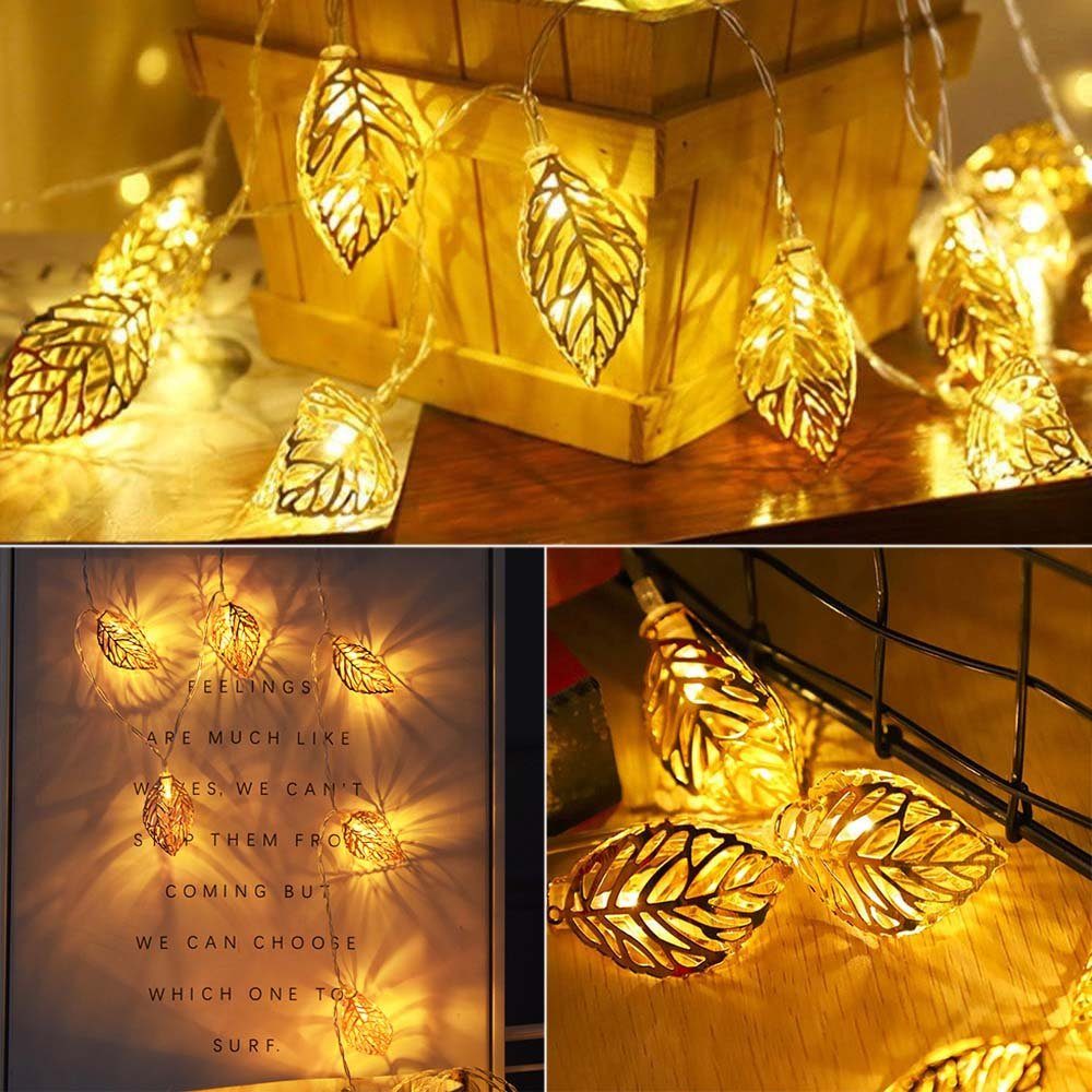 Rosnek LED-Lichterkette 1.5/3M, Gold Warmweiß, Deko, Wohnzimmer; Batterie für Metall, Party Schlafzimmer Blätter, Weihnachtsbaum