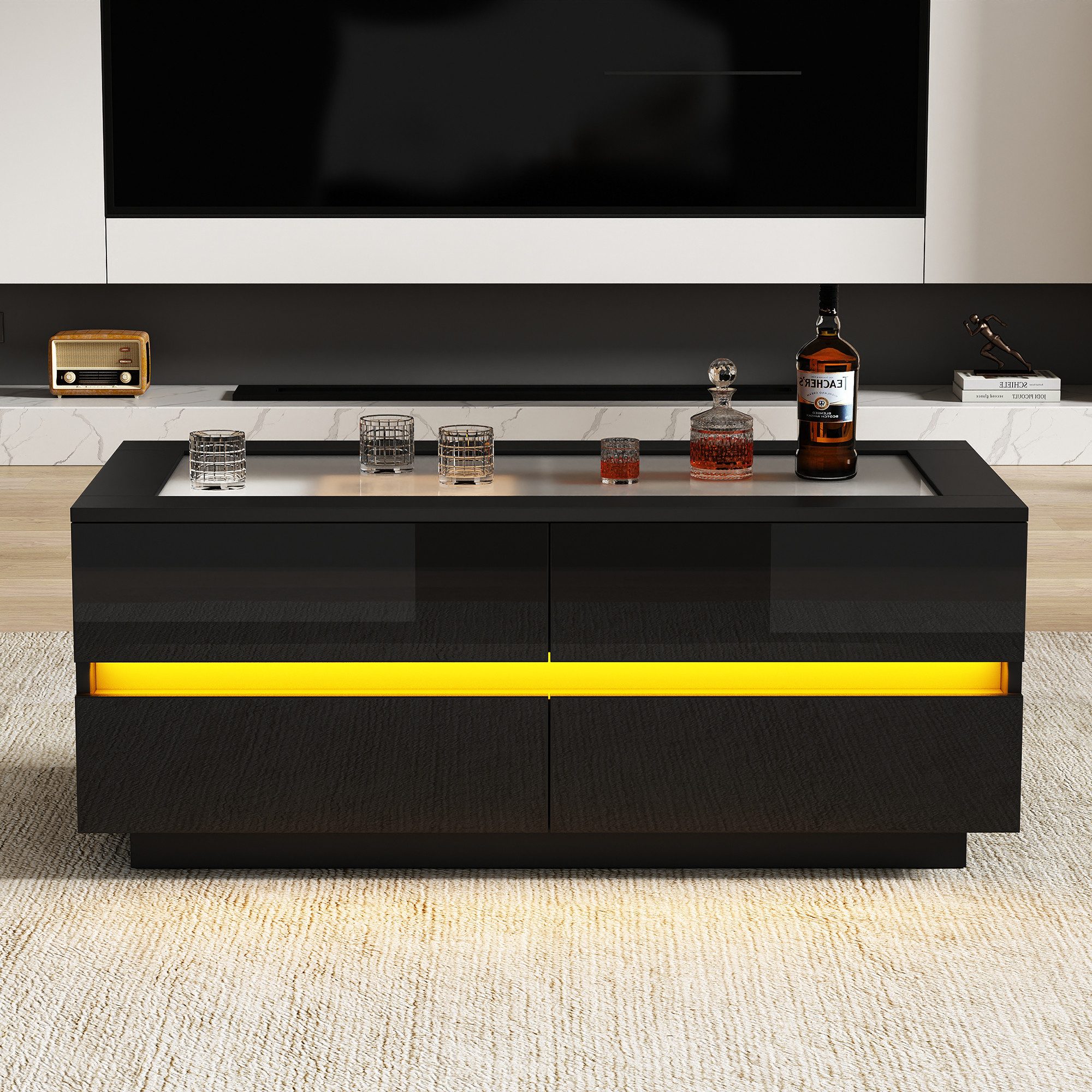 STILVORA Couchtisch schwarzer Wohnzimmertisch mit Stauraum Sofatisch (Gehärtete Glasplatte, Hochglanzfronten, LED, 100×50×40cm, 4 Schubladen, Spanplatte, 35kg Tragfähigkeit, Weiß), für Wohnzimmer, Lounge, Empfangsbereich, moderne Wohnräume