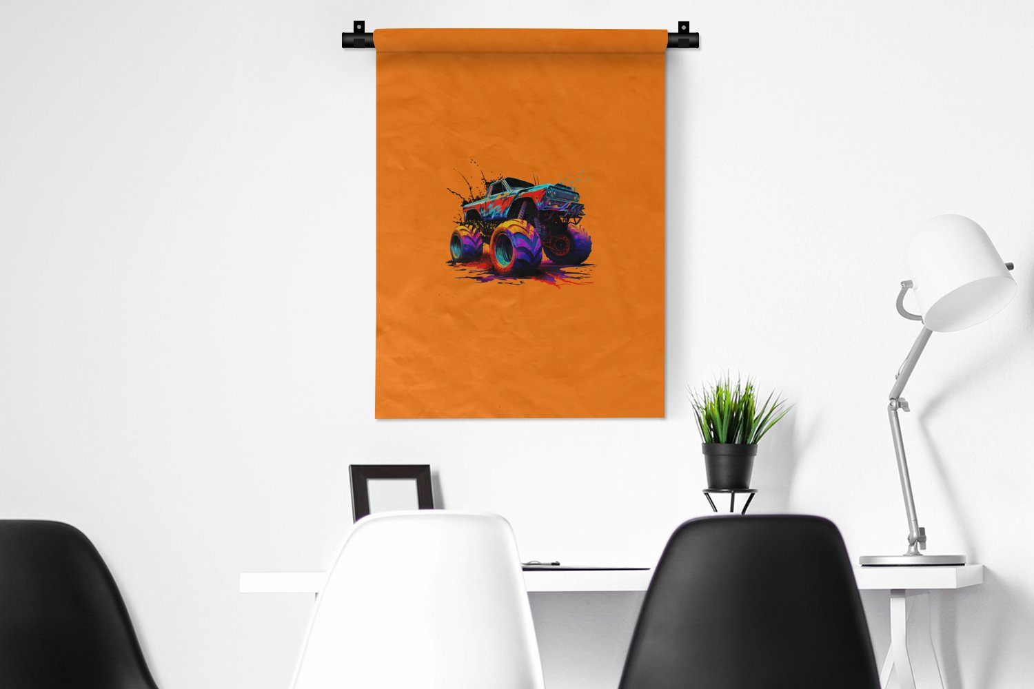 Orange, Farbe Schlafzimmer - Wanddekoobjekt an Monstertruck MuchoWow der Wand, Neon - Tapisserie, Deko Wohnzimmer, - für
