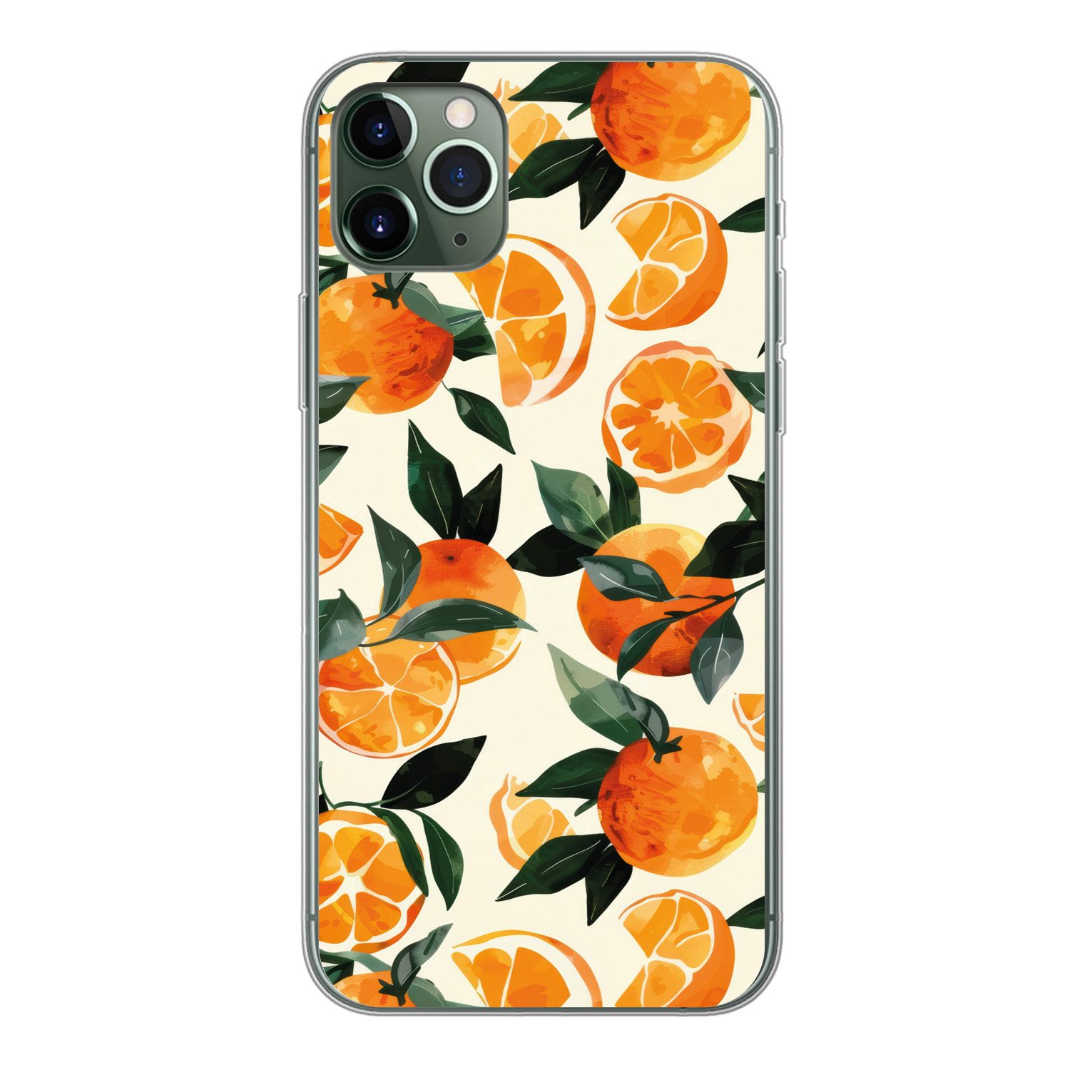 MuchoWow Handyhülle für Apple iPhone 11 Pro Max Orangen - Früchte - Blätter - Orange - Grü, Smartphone-Bumper, Print, Handy Schutzhülle Dünn