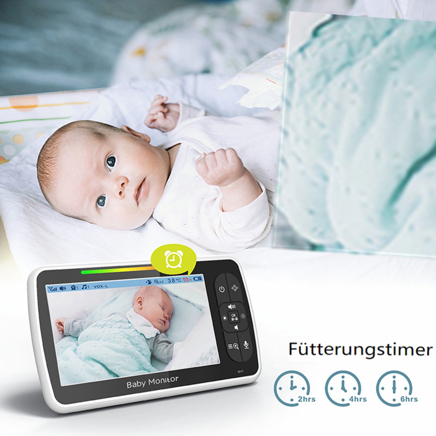 Insma Video-Babyphone Video-Babyphone Babyphone mit 5" LCD Kamera Video Baby Monitor, Infrarot-Nachtsicht, Temperaturüberwachung, Fütterungs-Timer, Schlaflieder, Zwei-Wege-Audio und Gegensprechfunktion