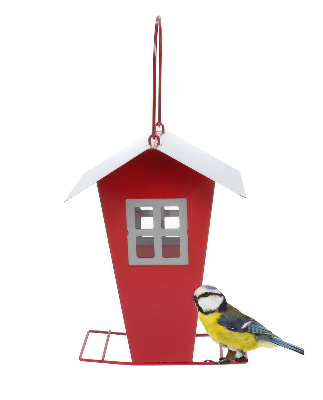 Bubble-Store Vogelhaus Metall Futtersilo, Vogelhaus zum Stellen oder Hängen, abnehmbares Dach zum Befüllen von Vogelfutter, mit Anflugstreben und Metallschlaufe rot
