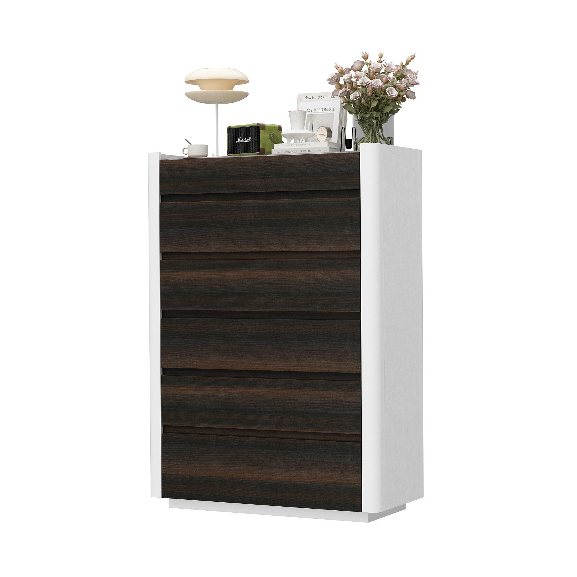 Schmuckschrank Kommode Weiß + Braun, Massivholz + Hartglas, 140*44*83cm