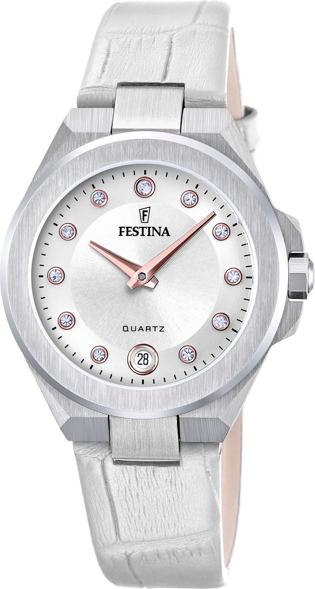 Festina Quarzuhr Mademoiselle F20701/1, Armbanduhr, Damenuhr, Lederarmband, analog, Tag, Zirkonia (synth)