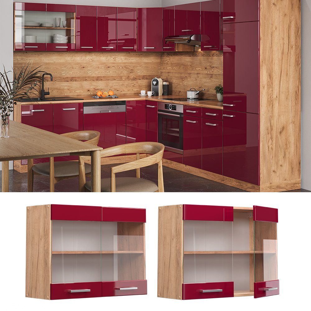 Vicco Glashängeschrank R-Line, Bordeaux Hochglanz/Goldkraft Eiche, günstig online kaufen