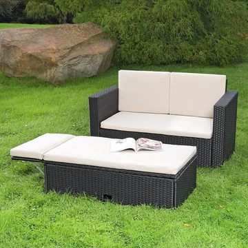 Melko Gartenlounge-Set Gartensofa Lounge Sessel Gartenmöbel aus Polyrattan und klappbare Fußbank in Schwarz, Grau und Braun Gartensofa Sitzgarnitur Hocker XXL Balkon Sitzbank Liege, (Set, 2-tlg), Kissen inkl. Reißverschluss, daher abnehm- und waschbar