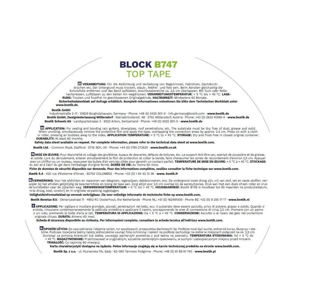 BOSTIK Dichtungsband Bostik Block B747 Top Tape Blei Bitumen Dichtband 10m Rolle, gebrauchsfertig, Alterungsbeständig