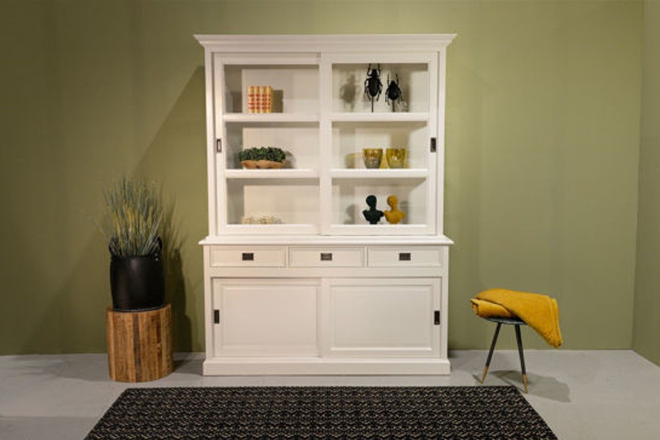 Wohnpalast Standvitrine Landhaus Vitrinen Schrank Neuss 180 cm weiß mit Glasschiebetüren