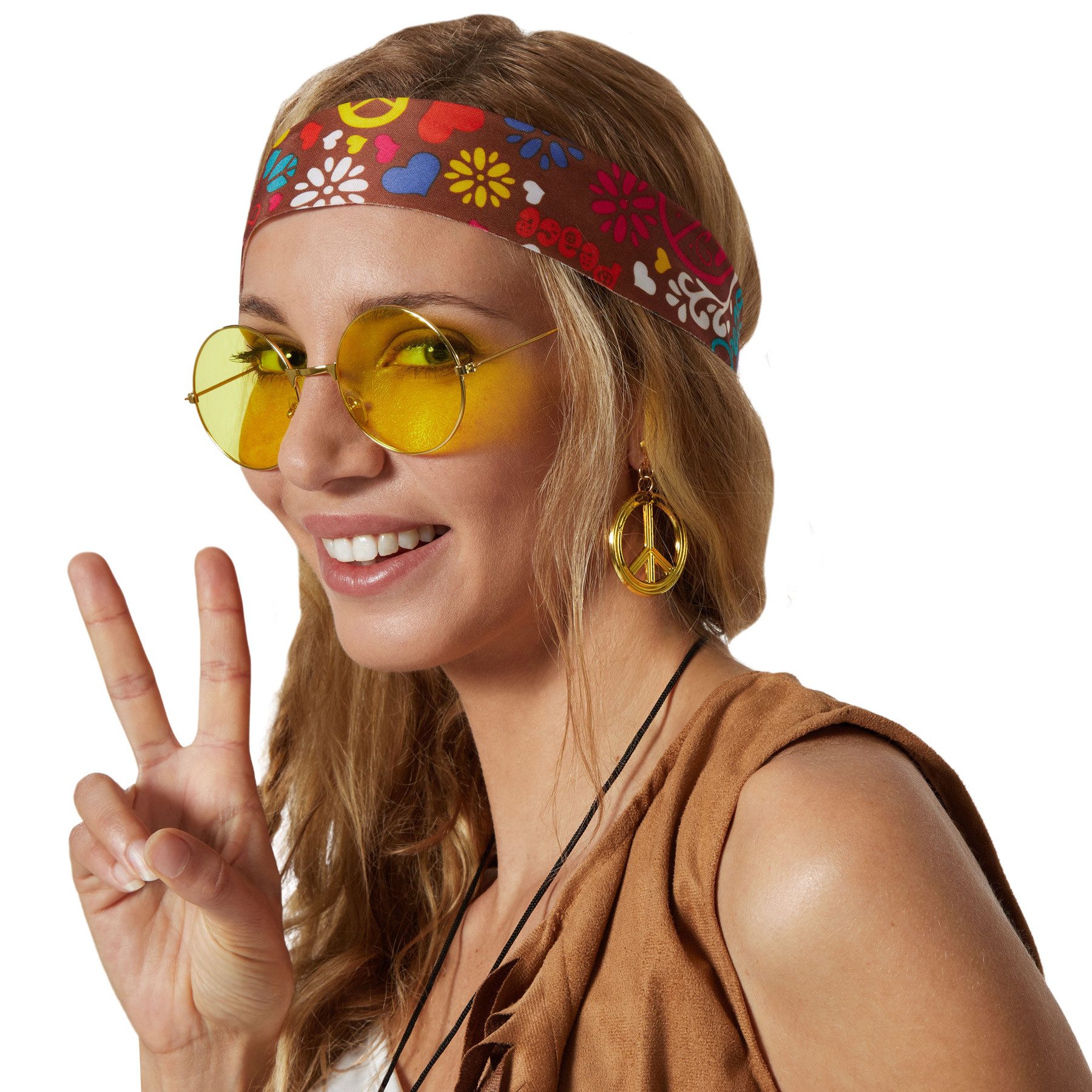 dressforfun Hippie-Kostüm Damenkostüm, Braune Weste und Hose mit passenden Accessoires.