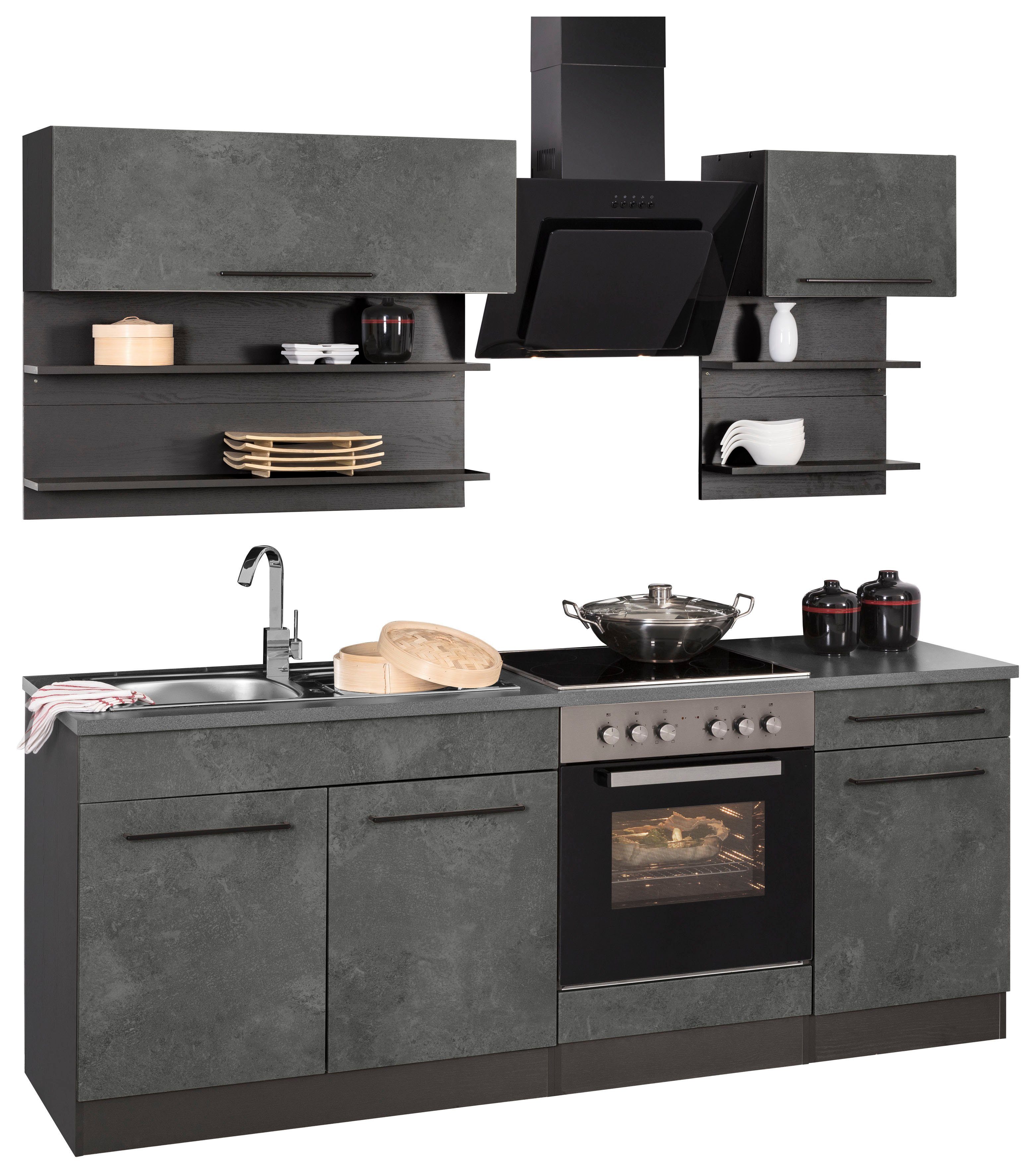 KOCHSTATION Küchenzeile KS-Tulsa, Breite 210 cm, schwarze Metallgriffe, hochwertige MDF Fronten
