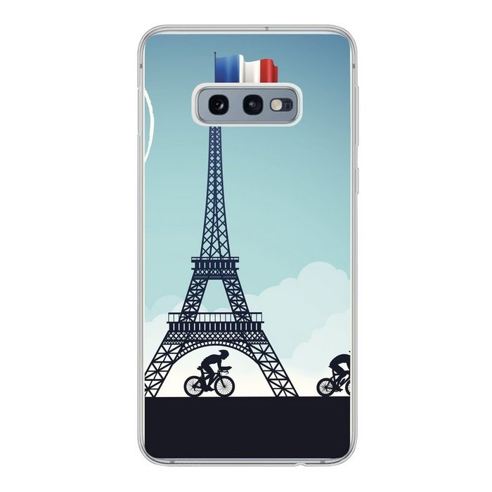 MuchoWow Handyhülle Eine Illustration von Radfahrern die am Eiffelturm vorbeifahren Phone Case Handyhülle Samsung Galaxy S10e Silikon Schutzhülle