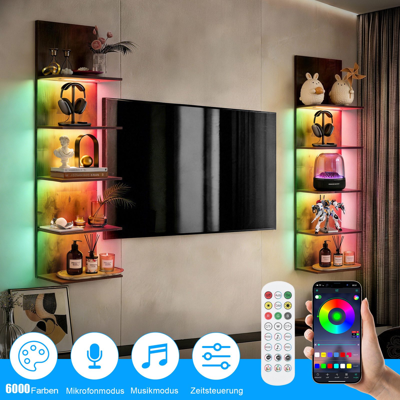 XIIW Hängevitrine Wandregal mit RGB+IC Hängeregal Wandboard Standregal Bücherregal (5 Ebenen Eckregal mit RGB+IC-Licht, App, Fernbedienung, 30×18×117 cm) Regal Wand Stufenregal für Deko Präsentation Sammlung