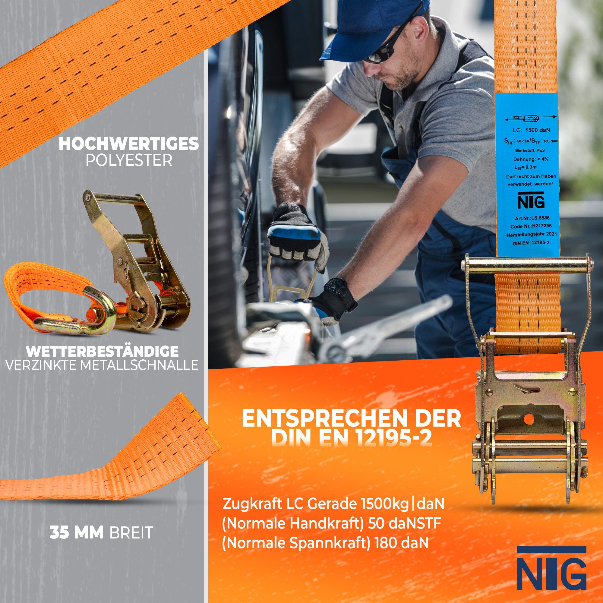 NTG Nutzfahrzeug Technik GmbH Spanngurt 4 Stück für Auto Transport, 35mm, Länge 3300 mm (4-St) 3000 daN, Zurrgurt, Radsicherung, PKW, Reifengurt, Trailer, NFZ