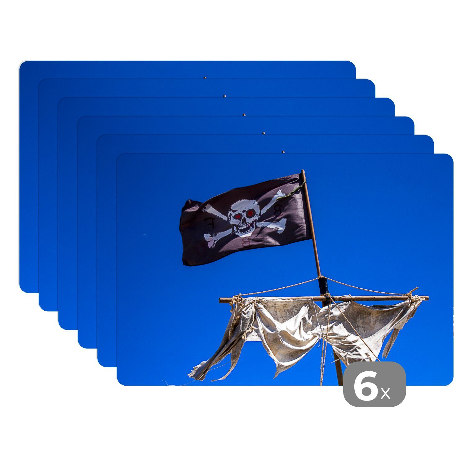 (6-St), Piratenflagge Platzset, Tischmatten, am Platzset, Platzmatte, MuchoWow, Mast, Schmutzabweisend Platzdecken,
