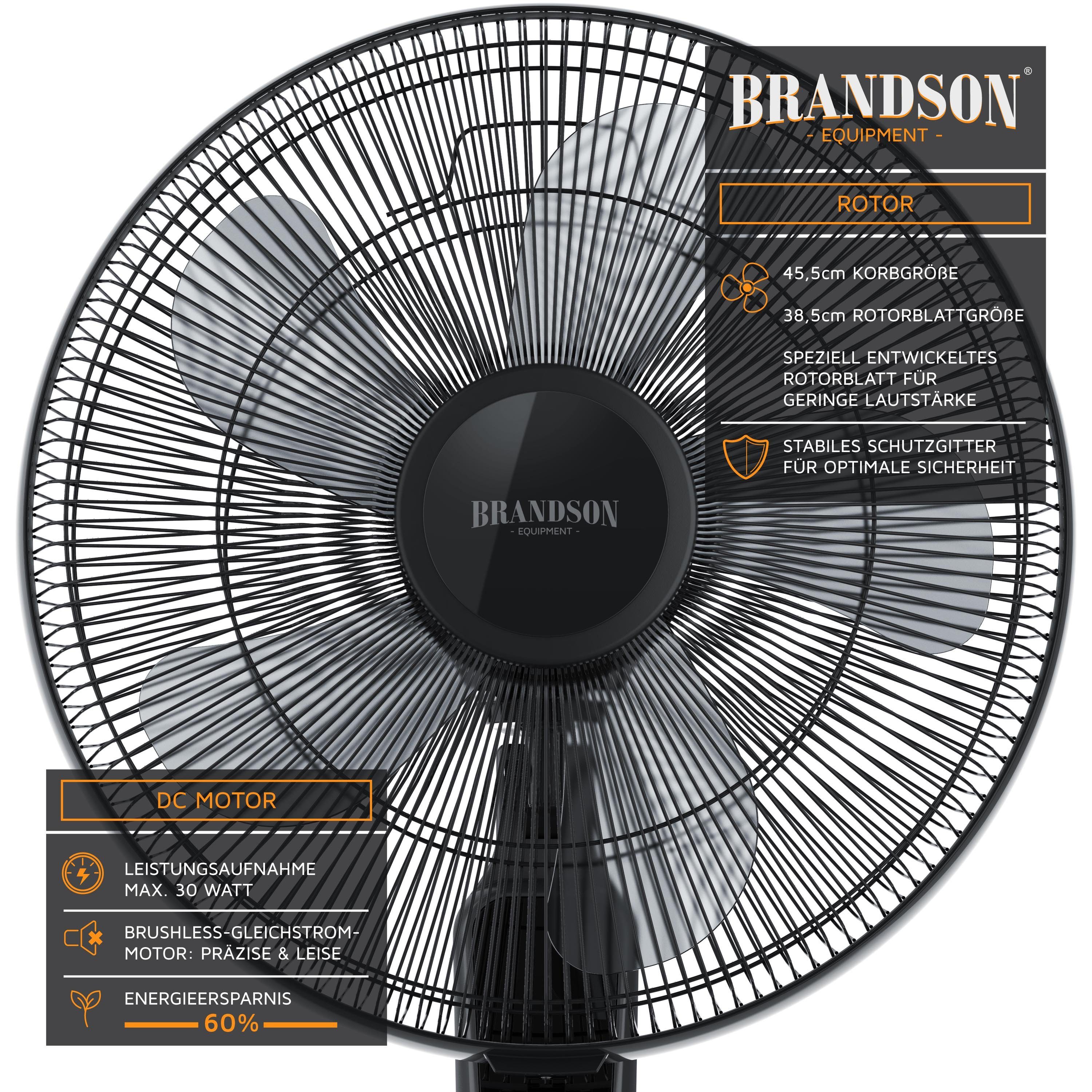 Brandson Standventilator DC, leise, Fernbedienung, energiesparend, Oszillation, Standlüfter 30W, 45,5 cm Durchmesser, Preisträger 2025, 25 Geschwindigkeitsstufen, mobiler Lüfter GS-Geprüft