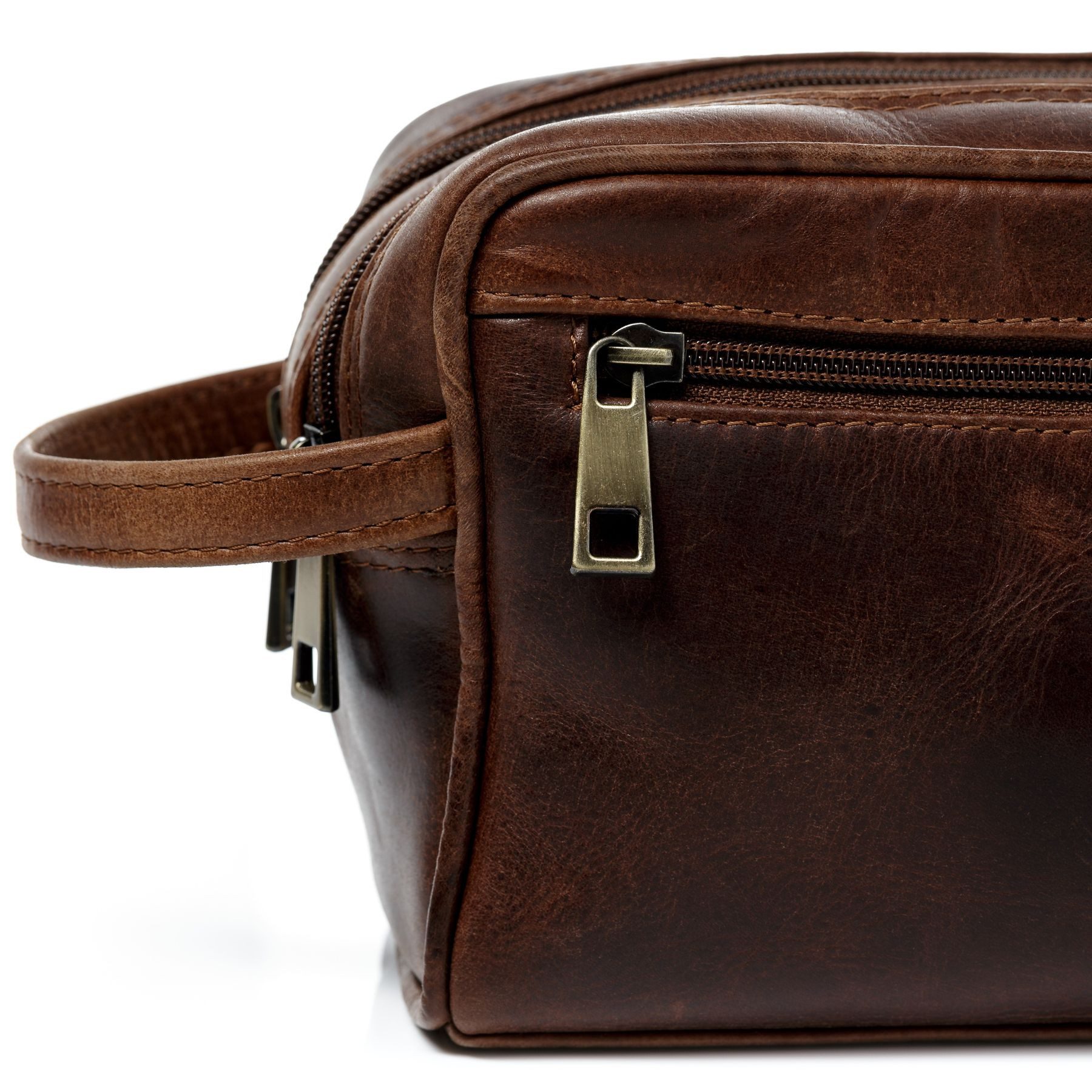 SID & VAIN Kulturbeutel echt Leder Kulturtasche groß braun GATWICK, Waschbeutel Echtleder für Damen & Herren, Kosmetiktasche braun-cognac