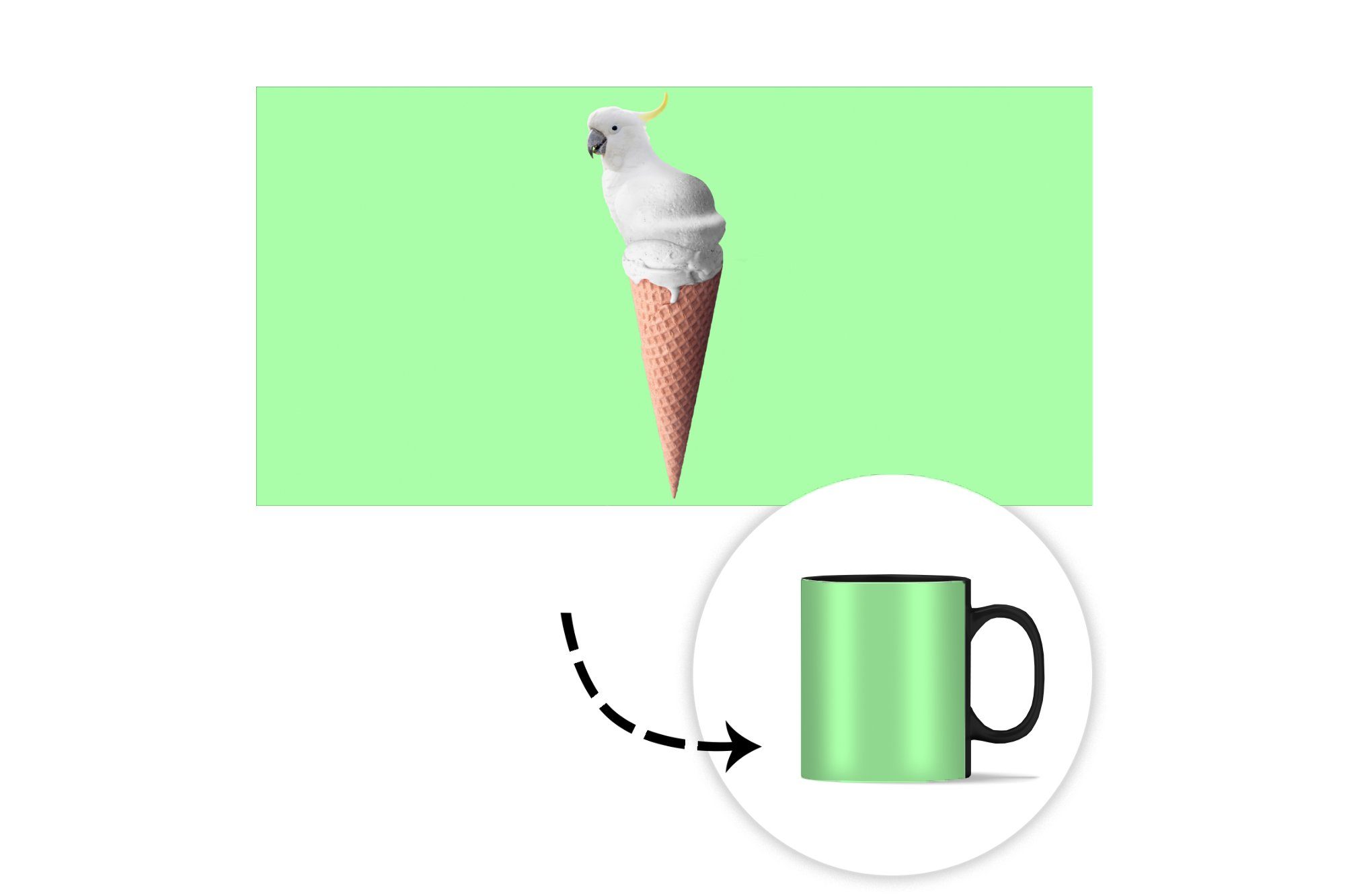 MuchoWow Tasse Papagei - Eistüten Weiß Grün, Eiscreme - - Geschenk Teetasse, Keramik, Kaffeetassen, - Zaubertasse, Farbwechsel