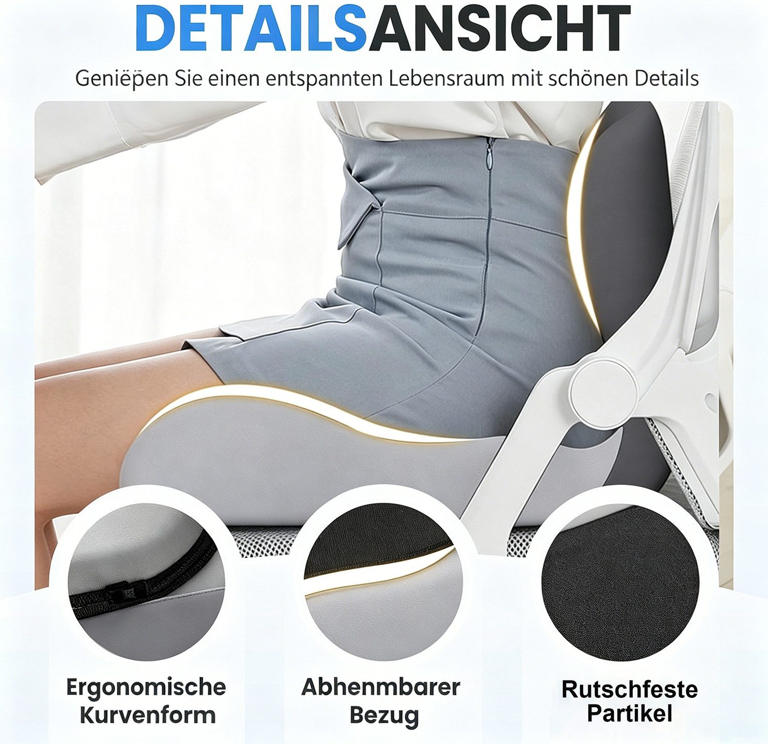 ibettertec Sitzkissen Hämorrhoiden Sitzkissen Orthopädisch für Hämorrhoiden Eisseide Gewebe, Ergonomisches Sitzring Memory Foam Kissen für Bürostuhl Auto Rollstuhl