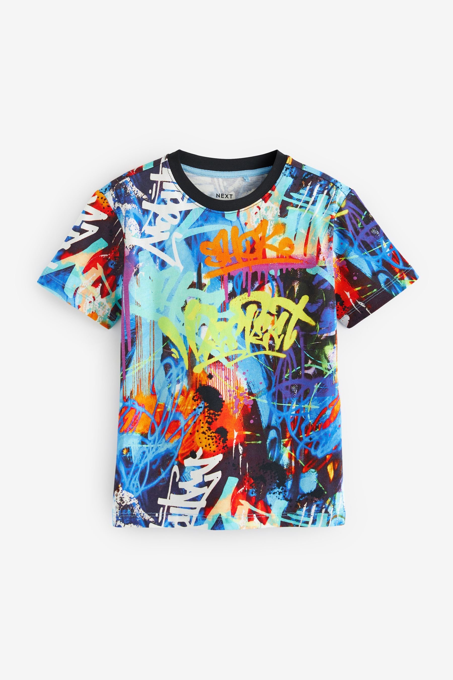 mit Print Neon durchgehendem Black Kurzärmeliges Graffiti T-Shirt (1-tlg) T-Shirt Next