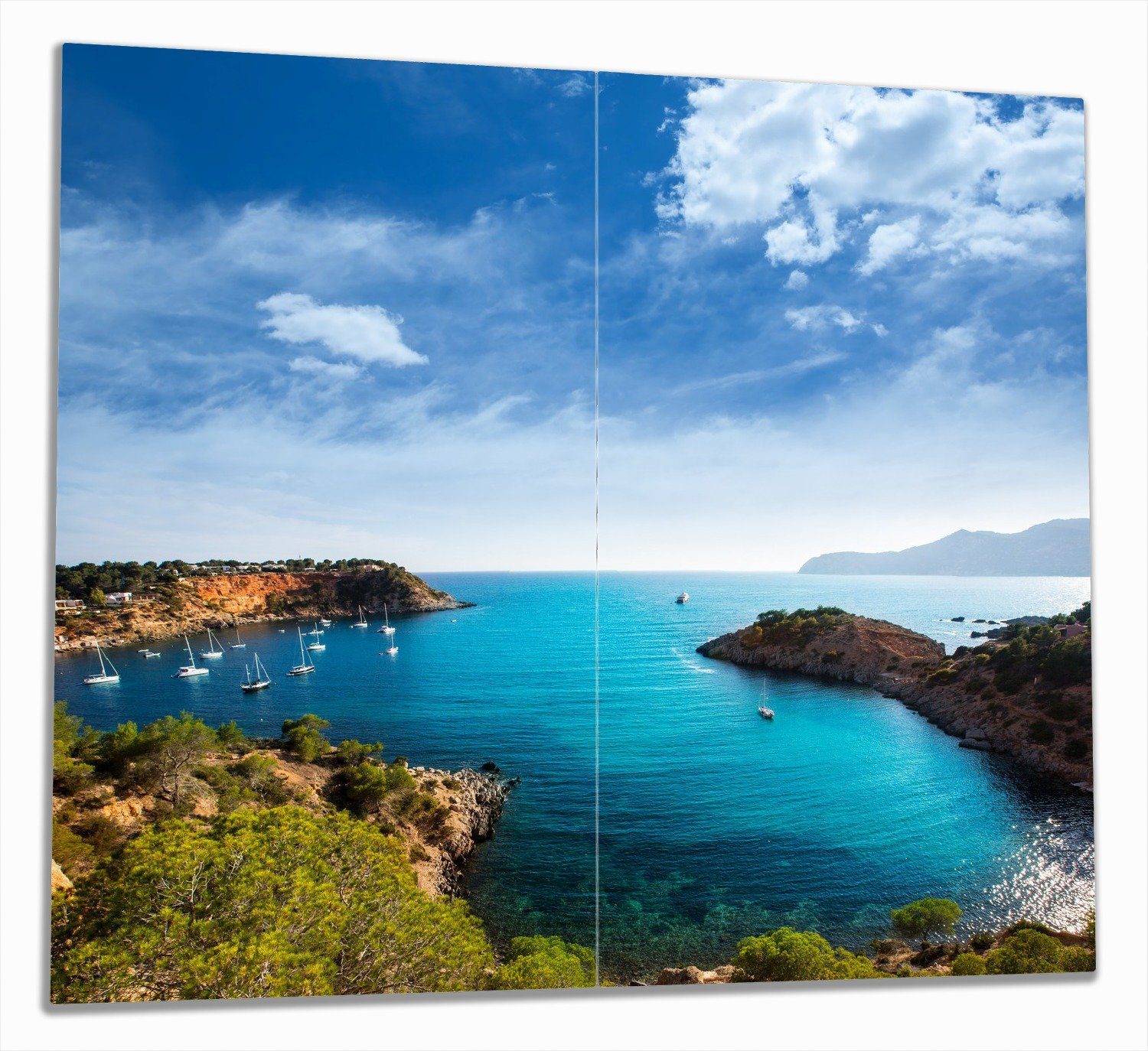Wallario Herd-Abdeckplatte Ibiza - Blick von einer Bucht aufs Meer, ESG-Sicherheitsglas, (Glasplatte, 2 tlg., inkl. 5mm Noppen), verschiedene Größen