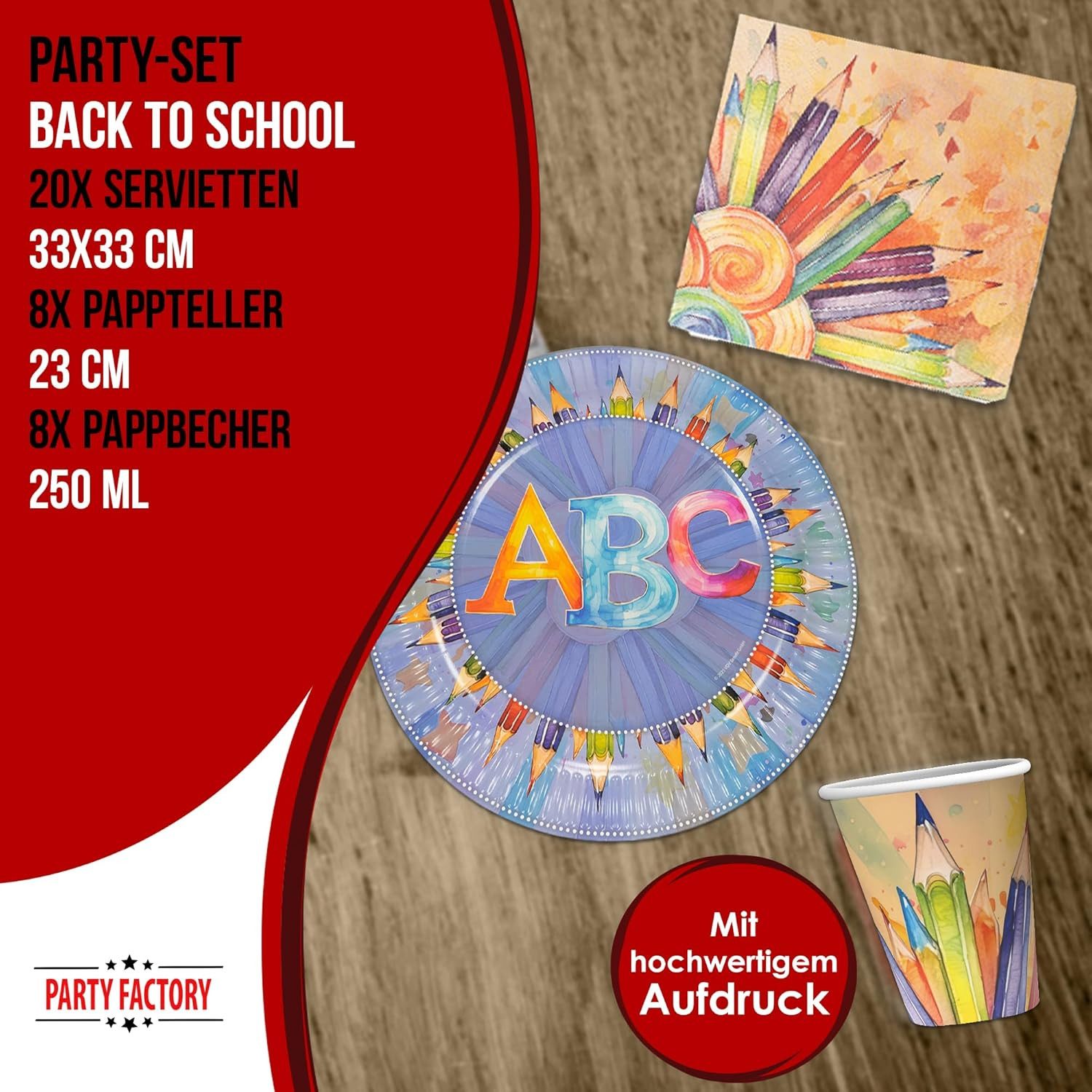 Party Factory Pappteller Back to School Neutral 36-tlg Set: Teller, Becher, Servietten, Buchstaben Design – Bild 4 von 5