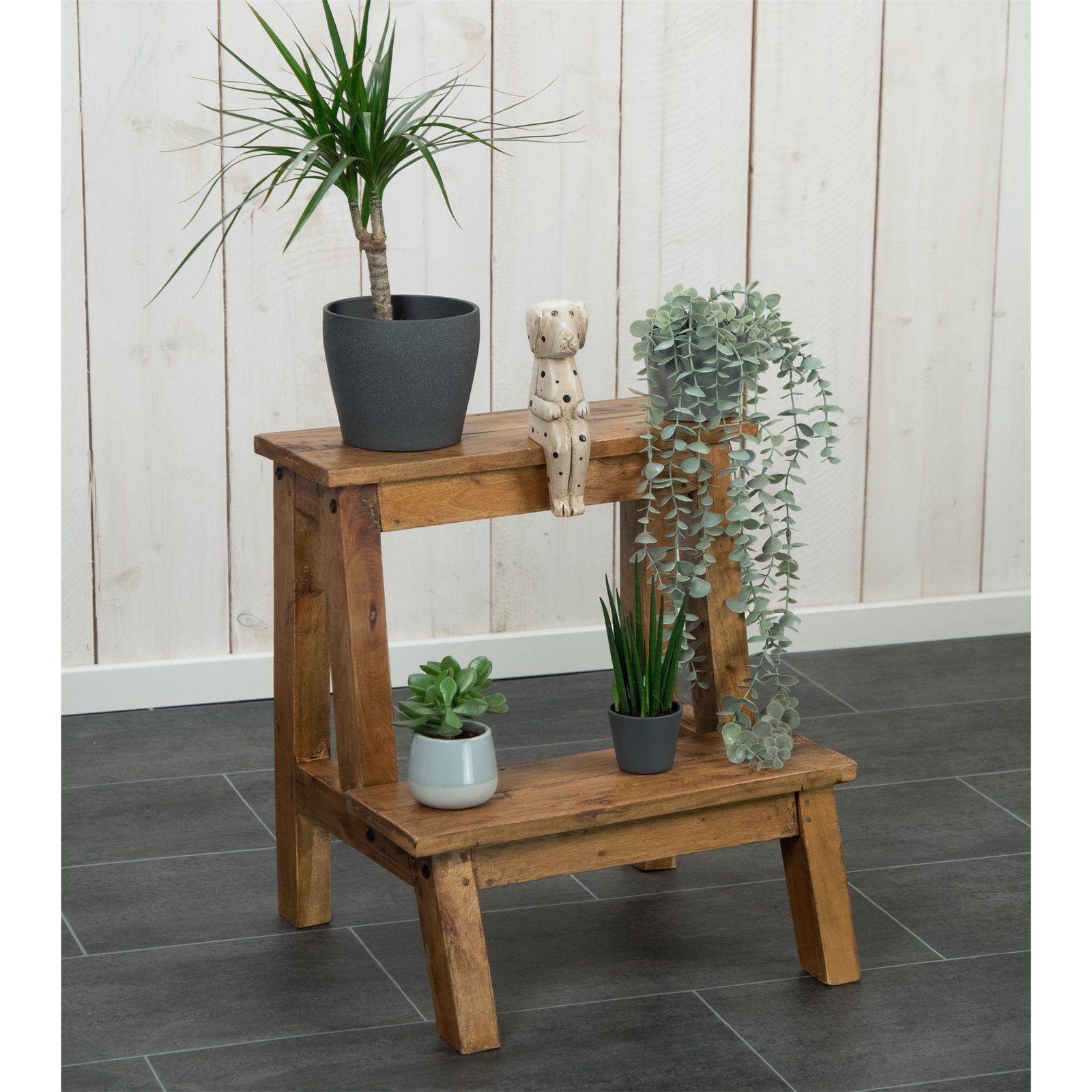 DESIGN DELIGHTS Regal PFLANZEN HOCKER "FICUS", Altholz massiv Holz, 2 Stufen, Blumentreppe