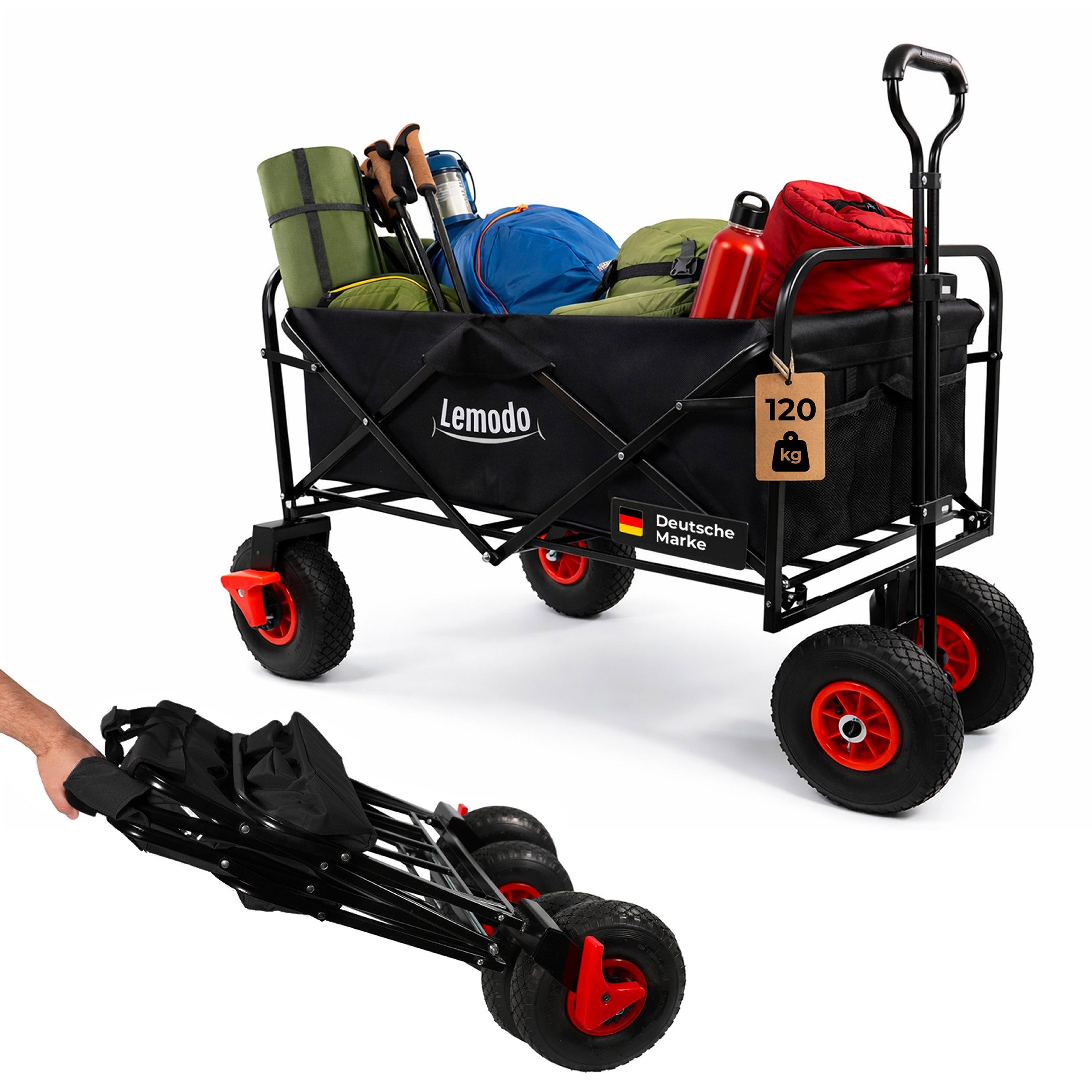 Lemodo Bollerwagen Bollerwagen faltbar, Handwagen mit 120 kg Zuladung und Luftreifen, faltbar
