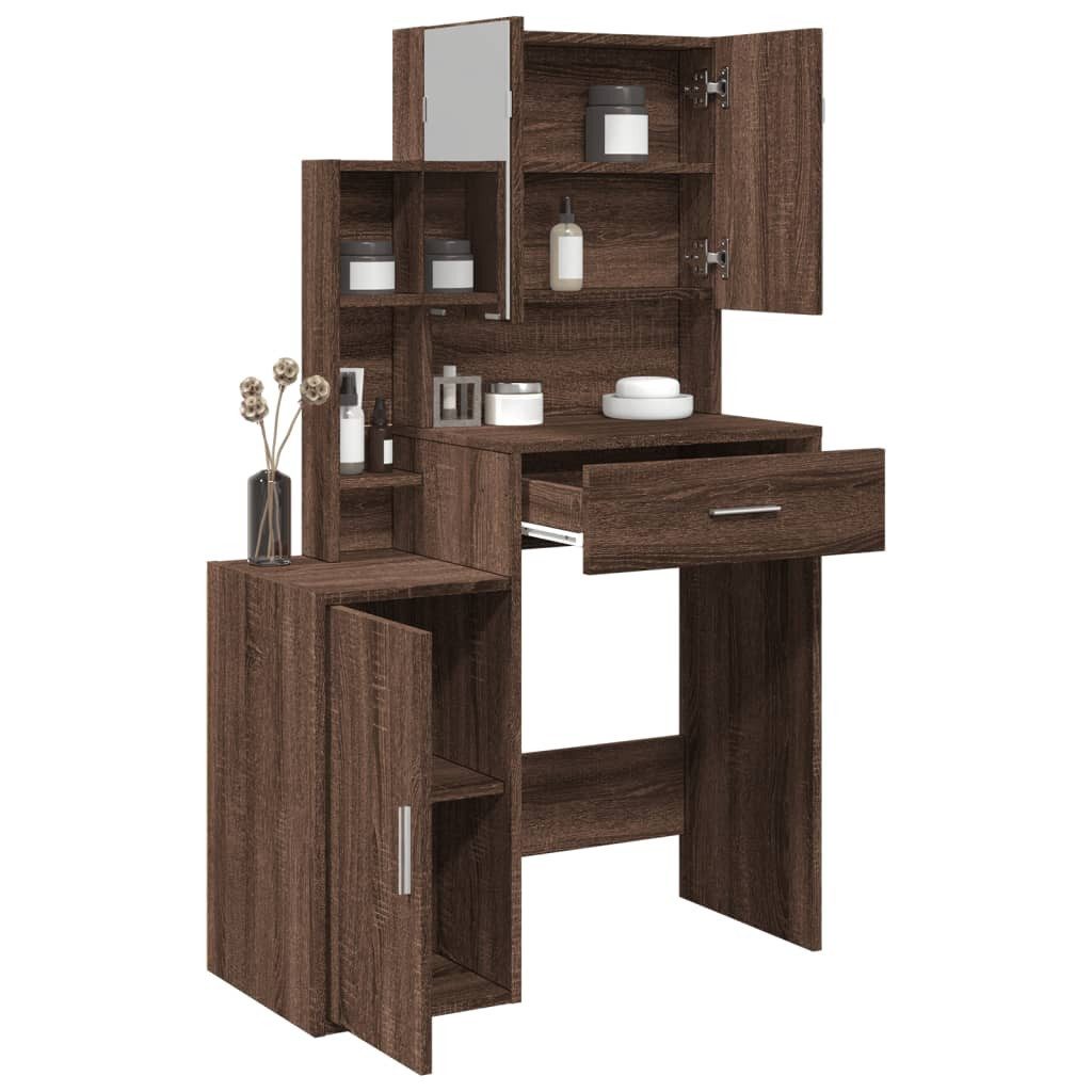 furnicato Schminktisch 80x35x132 cm Braun Massivholz-Optik mit Spiegel und (1-St), Toilettentisch mit 8 Fächern, 1 Schublade und Spiegel für Schlafzimmer