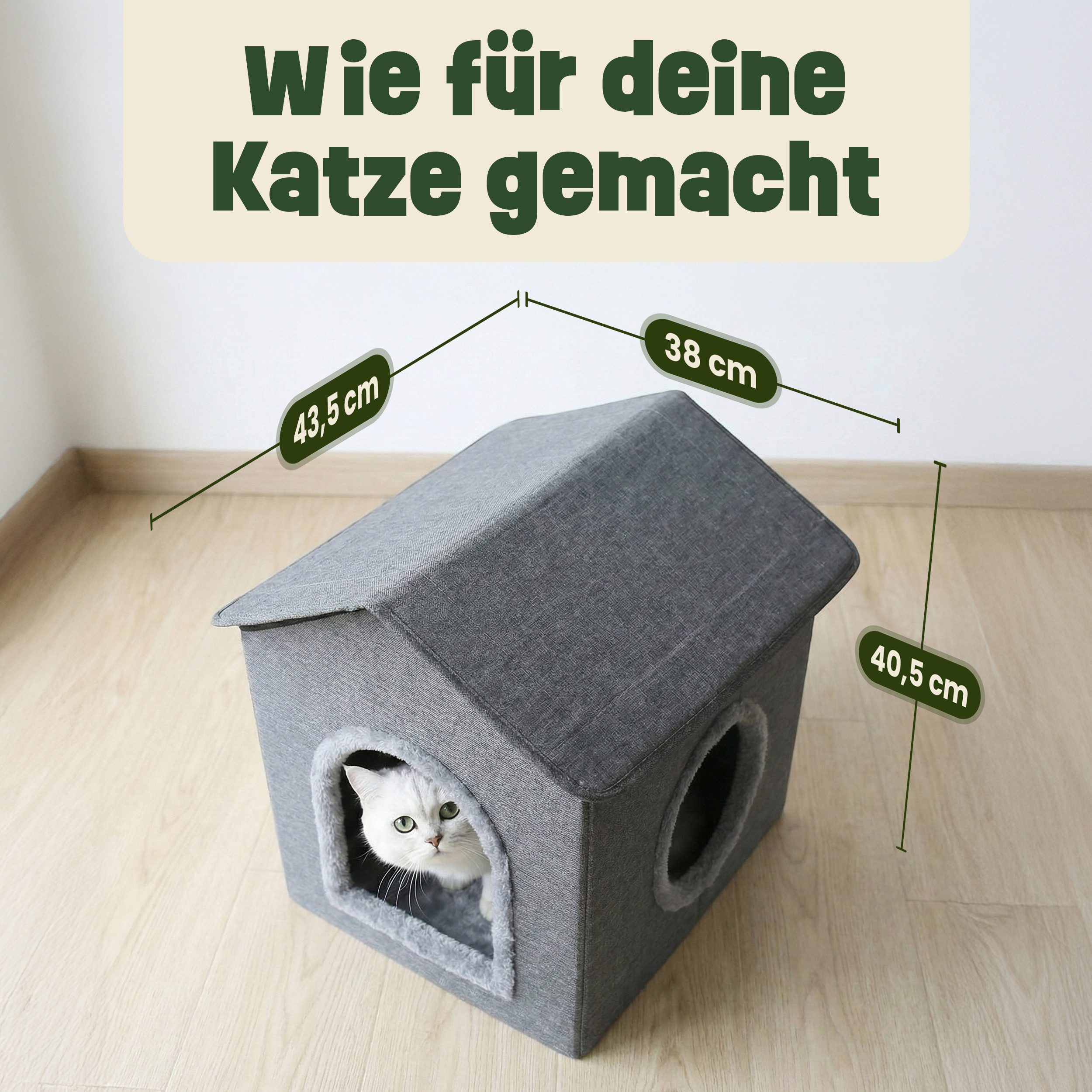 Zooprinz Katzenhaus Katzenhöhle Rocky, Wendekissen, faltbar, stylisch, 43,5 × 38 × 40,5 cm, Anti-Rutsch-Boden, Leinenstoff, Grau