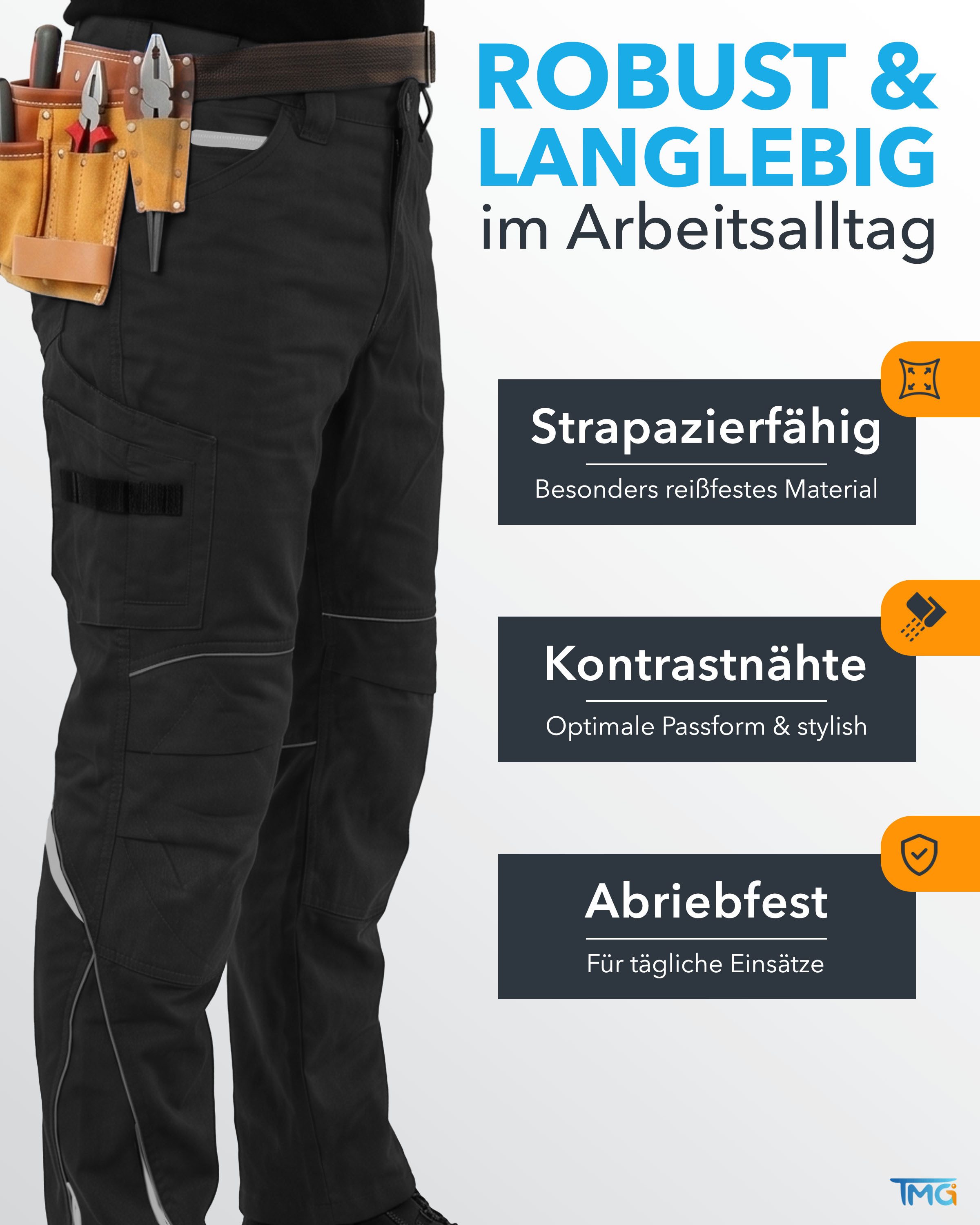 TMG International Arbeitshose Bundhose Cargohose Kultworker Herrenhose gerade und ergonomisch geschnitten - dehnbarer Hosenbund - bis Gr. 82