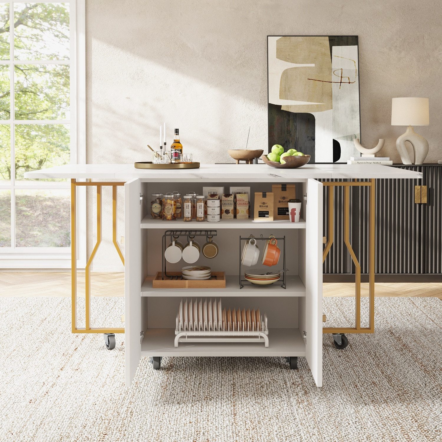 ANYSUN Esstisch Tragbarer Esstisch, klappbare Tischplatte mit Ablagefächer, 6 Rollen (Tragbarer Esstisch mit klappbarer marmorierter Tischplatte, verstellbaren Trennwänden– Platzsparend 80-140*75*76.3CM), geeignet für Esszimmer,Wohnzimmer,verstellbare Trennwände mit 6 Rollen