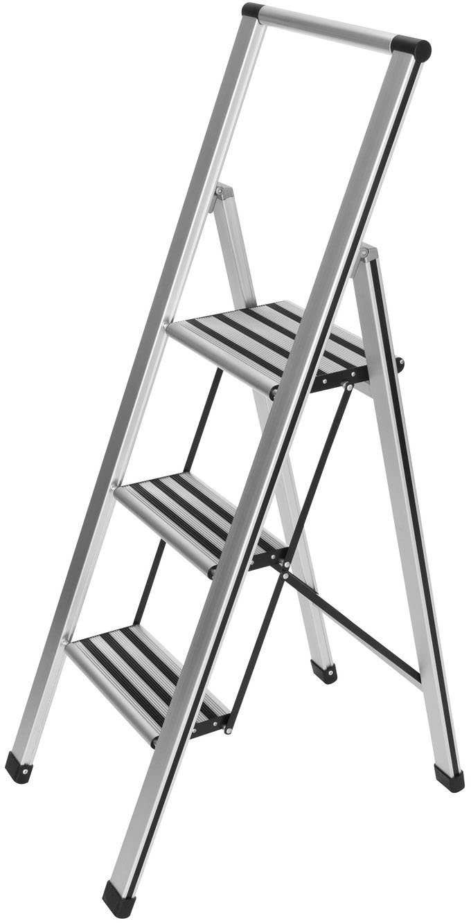 WENKO Trittleiter Modell Alu-Design (2-St), stabile Klapptritt Leiter, rutschsicher, bis 150 kg, mit Leiternhalter
