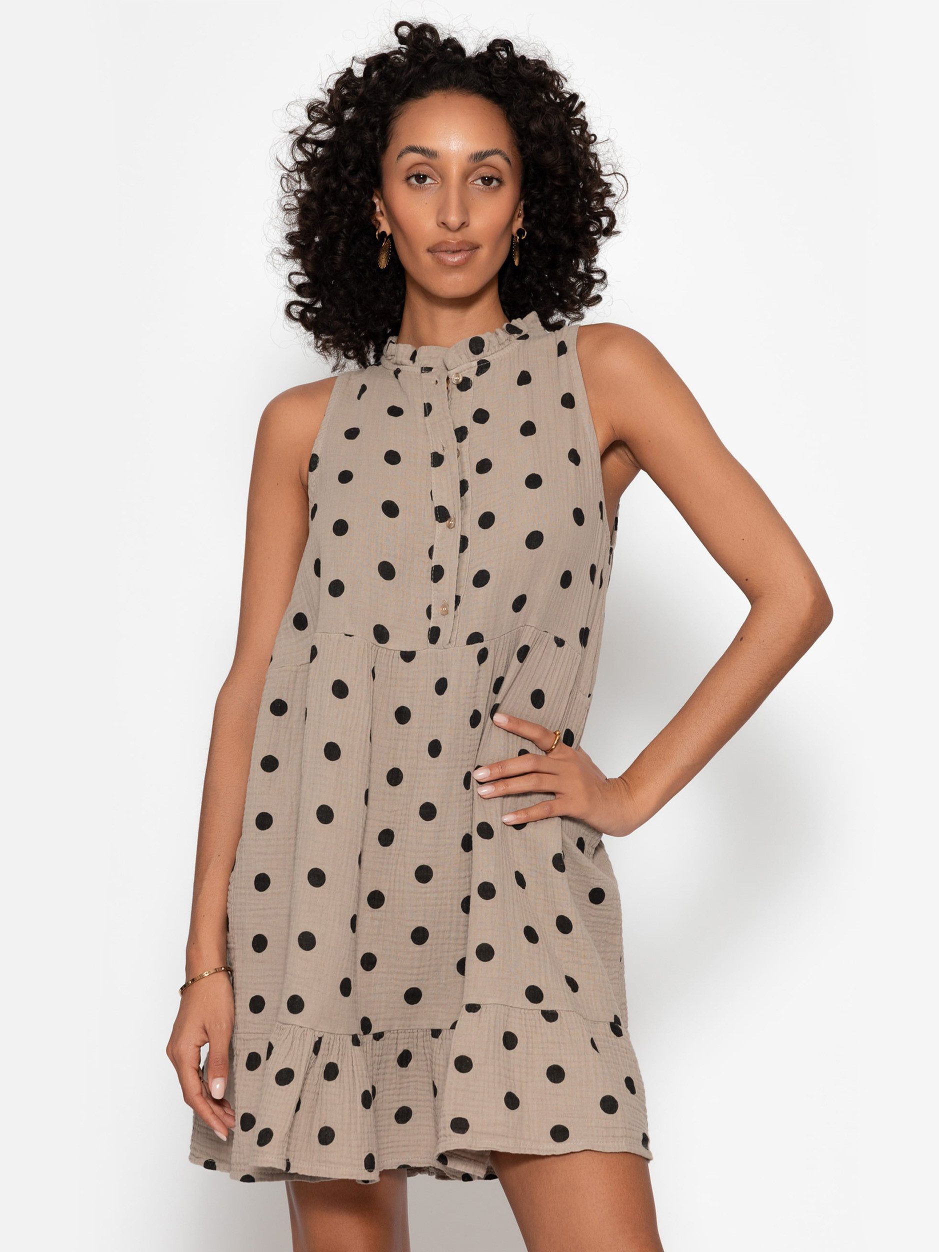 SASSYCLASSY Midikleid Ärmelloses Musselinkleid mit Volants für Damen Luftiges Sommerkleid aus Musselin in Punkte Print mit Stehkragen