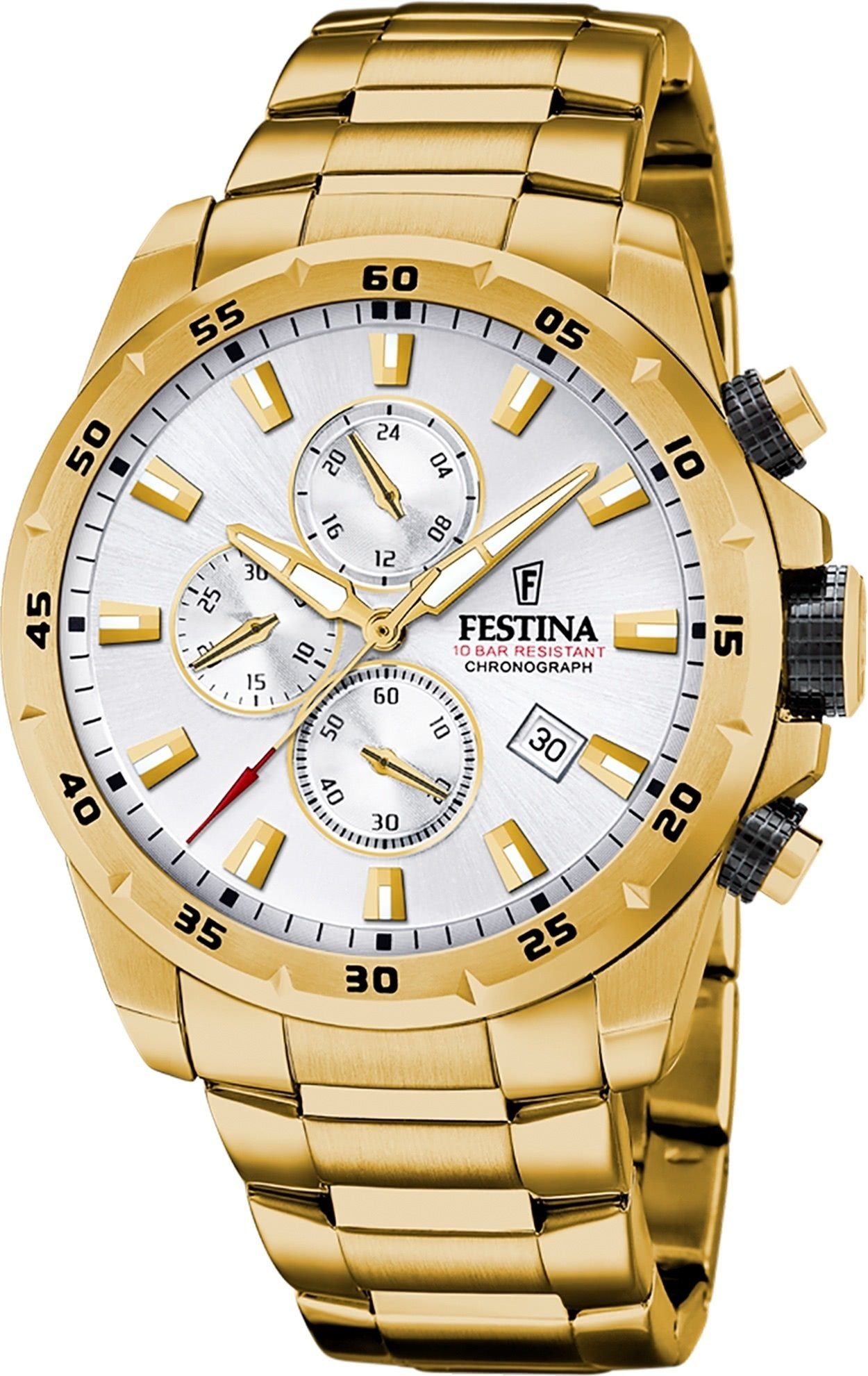 Festina Quarzuhr Festina Herrenuhr Chronograph Sport, (Analoguhr), Herren Armbanduhr rund, Edelstahlarmband gold, Sportlich