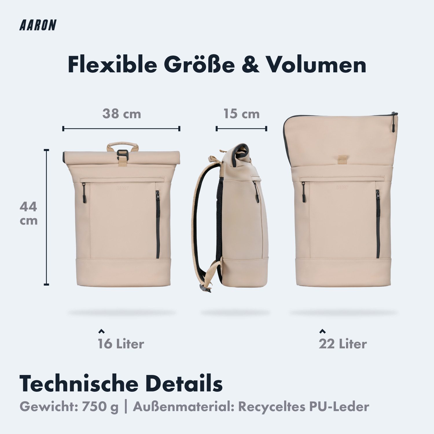 AARON Rucksack UNI Rolltop Rucksack aus recyceltem PU-Leder - 16-22L, Beige