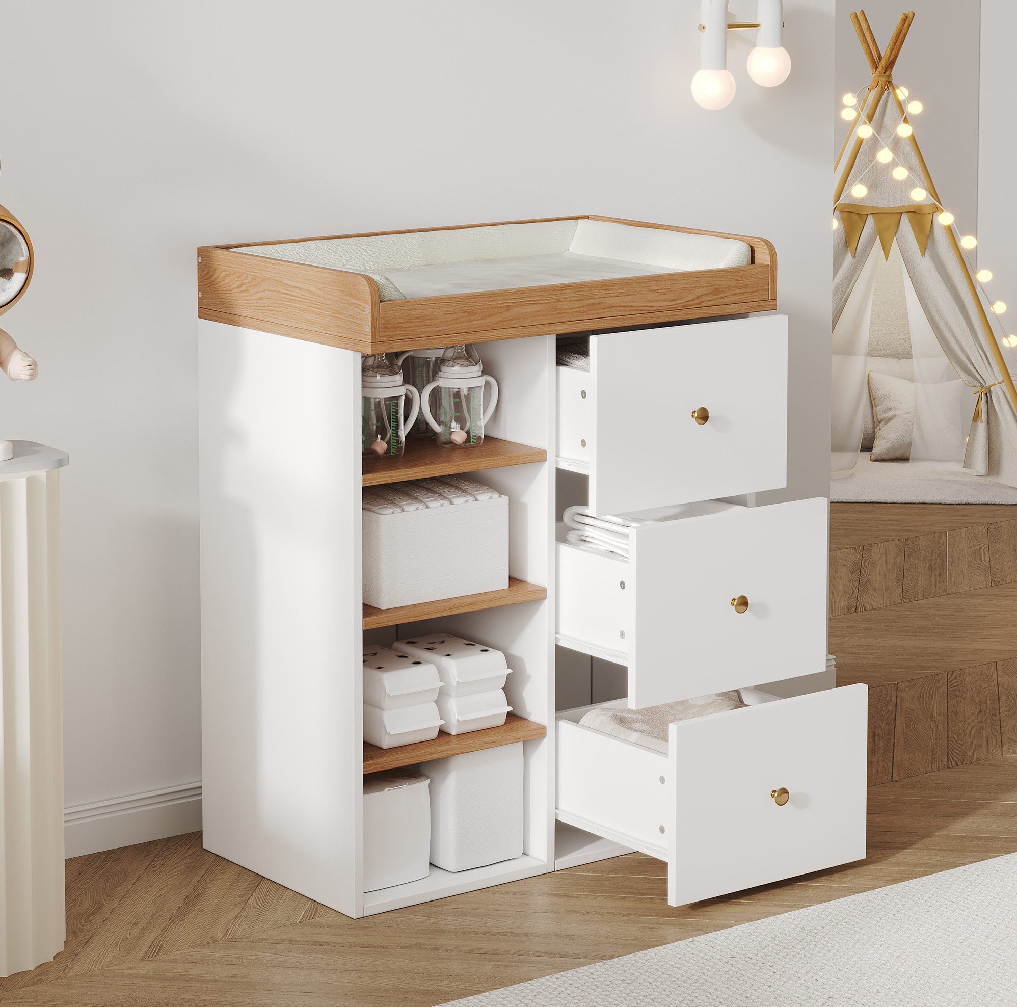 OKWISH Wickelkommode Baby-Wickeltisch mit Stauraum & abnehmbarem Geländer, Schubladen, Seitenfächer, 82×50×100 cm, Weiß+Natur
