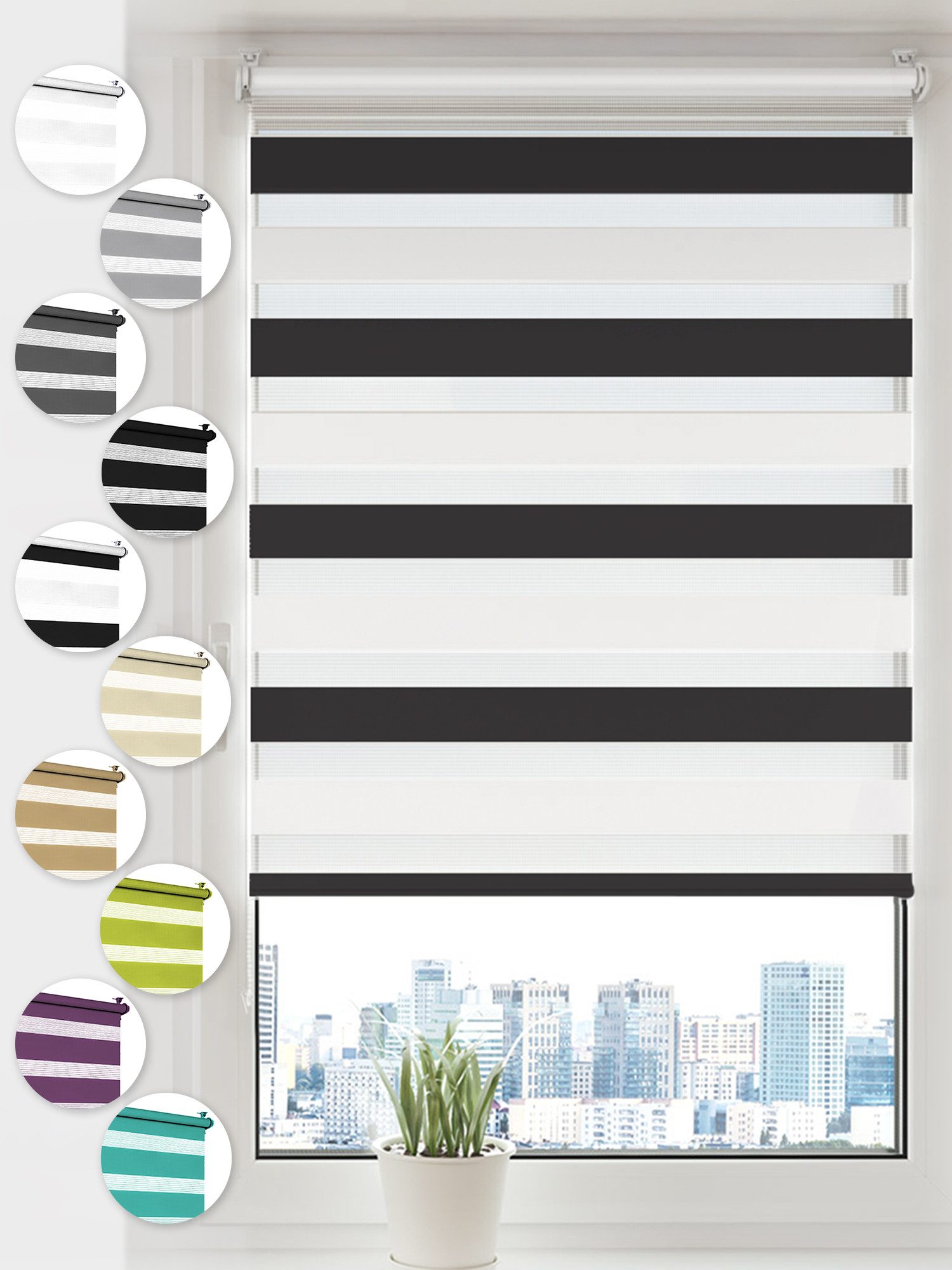 Doppelrollo Klemmfix ohne Bohren Rollos für Fenster und Tür Seitenzugrollo, Sonello, blickdicht, ohne Bohren, freihängend, Klemmfix, 35cm x 100cm Schwarz/weis Duo Rollo, Jalousie mit Klemmträger
