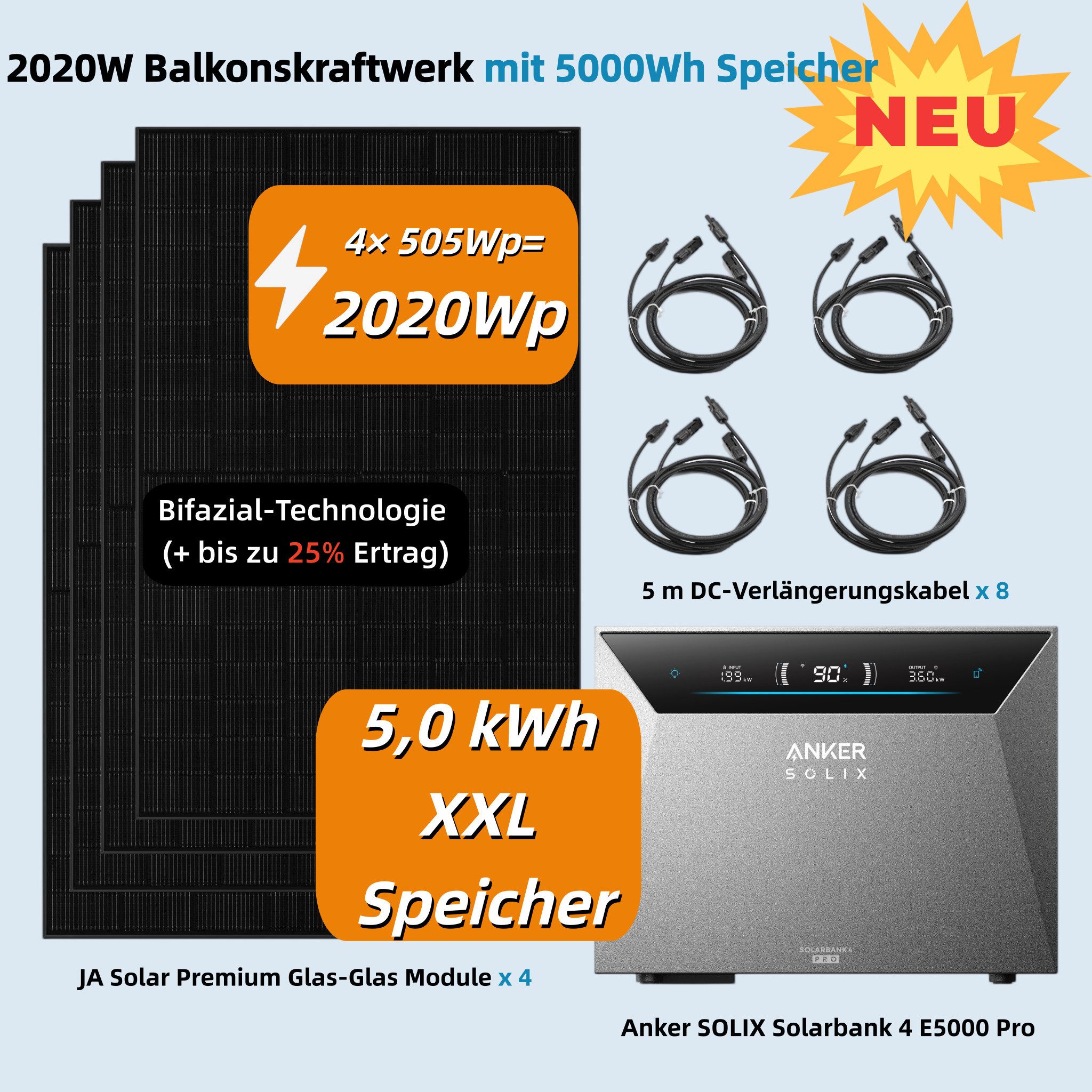 Anker Balkonkraftwerk Anker Solix 2020W PV Komplettset mit Solarbank 4 E5000 Pro, 2500 W, (Set, Erweiterbar auf bis zu 30 kWh, Ohne/Mit BP5000 Erweiterungsakku) – Bild 2 von 5