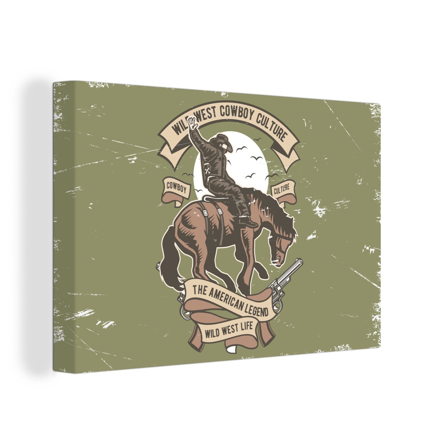 OneMillionCanvasses® Leinwandbild Pferde - Cowboy - Retro - Zeichnung, (1 St), Wandbild Leinwandbilder, Aufhängefertig, Wanddeko, 30x20 cm | Leinwandbilder