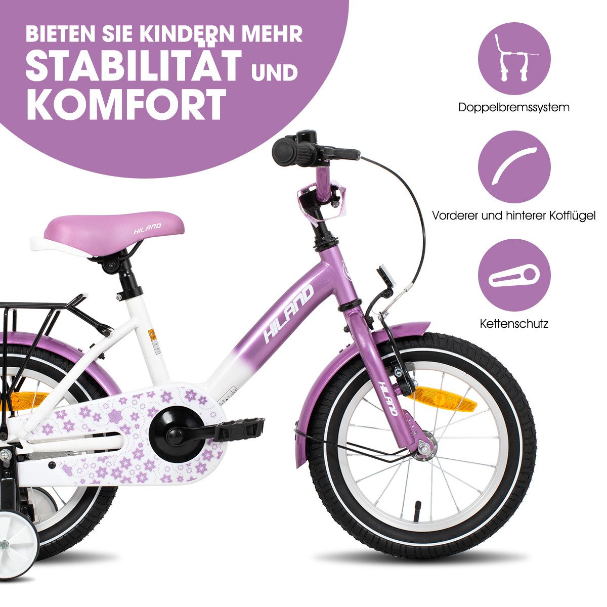 HILAND Kinderfahrrad Starry 12/14/16 Zoll Mädchenfahrrad, 1 Gang, Mit Handbremse, Rücktrittbremse, Gepäckträger, Kotflügel, Hilfsrad