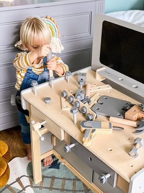 Mamabrum Spielwerkbank XXL-Holzwerkstatt für Kinder mit Werkzeug, Gürtel und Kreidetafel