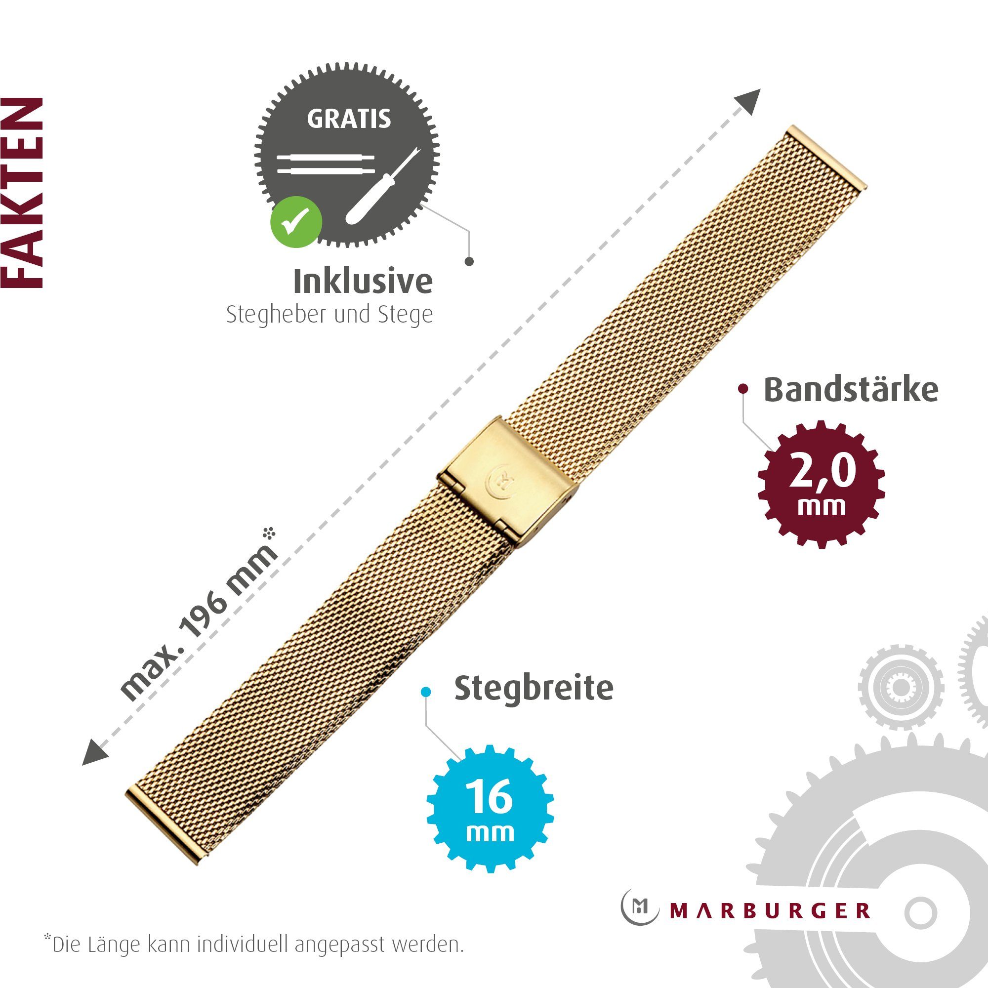 MARBURGER Uhrenarmband 16mm Edelstahl Gold Milanaise