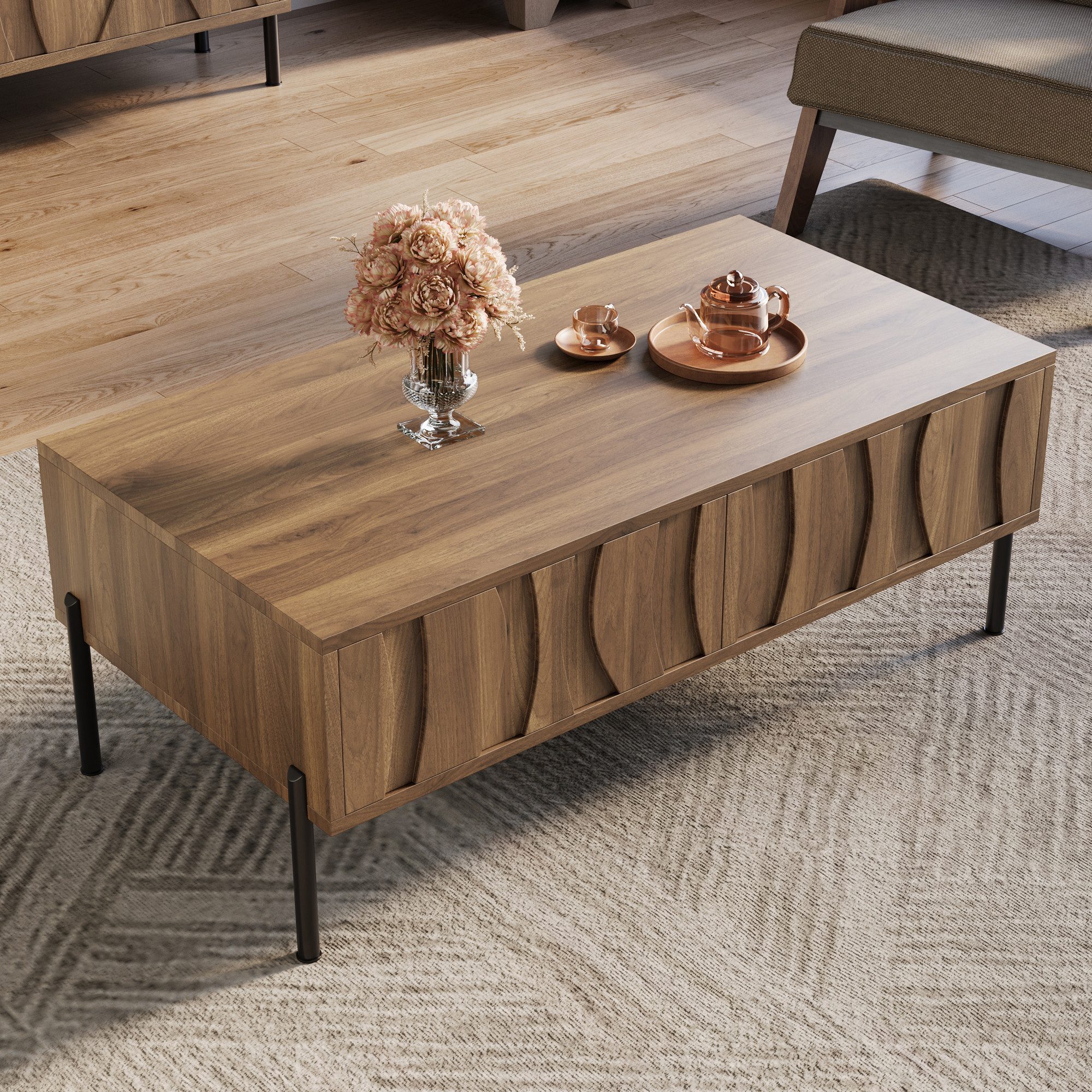 HAUSS SPOLE Couchtisch mit Schubladen,TV-Regal Lowboard mit Eisenbeine viel Stauraum (Packung, 1-St., mit 4 schlanken Eisenbeinen), Einzigartige Holzmaserung, Schubladen mit wellenförmiger Linie