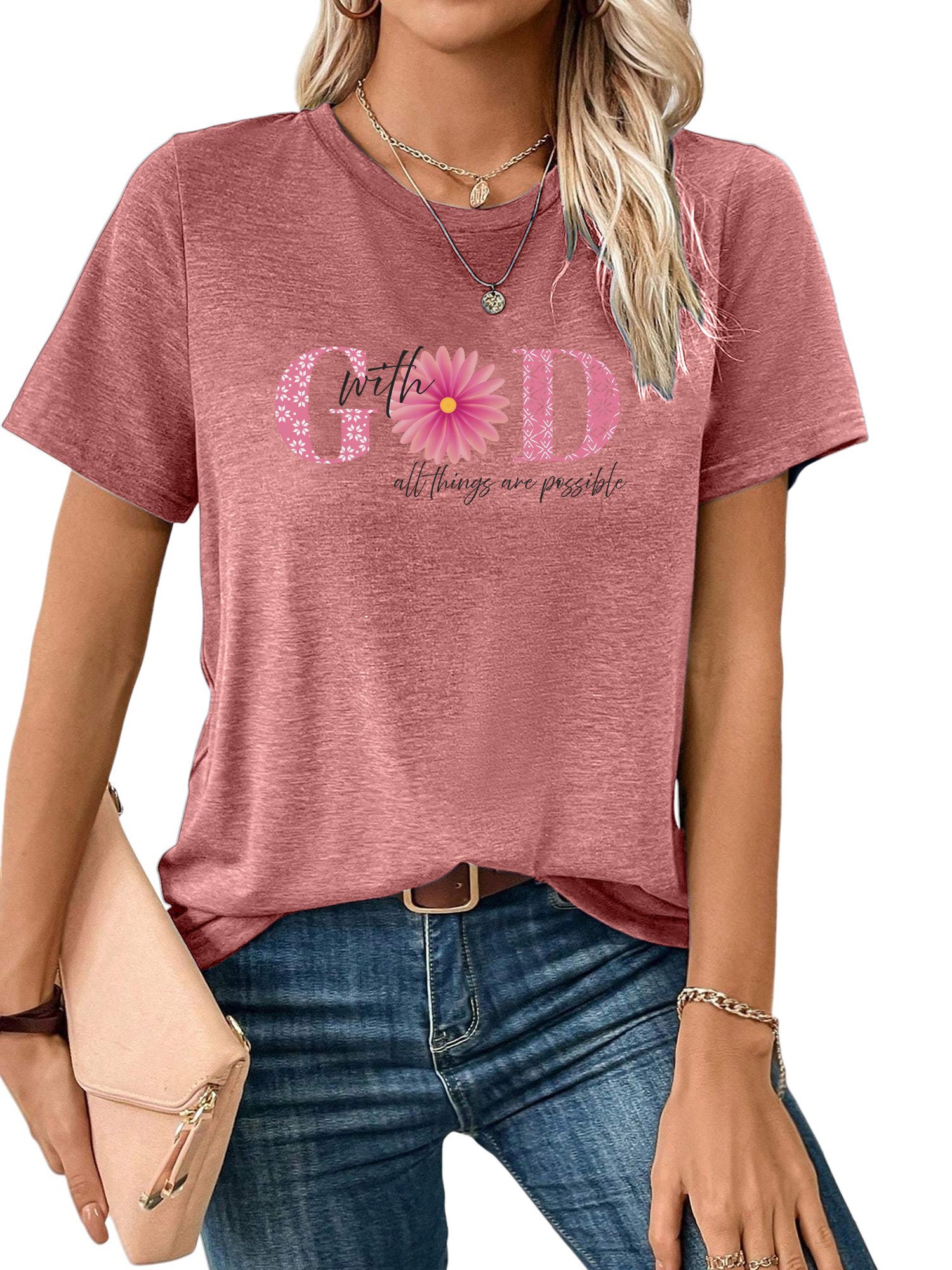PYLIKE Rundhalsshirt Damen Frühling Casual bequemes t shirt mit Blumen Prin günstig online kaufen