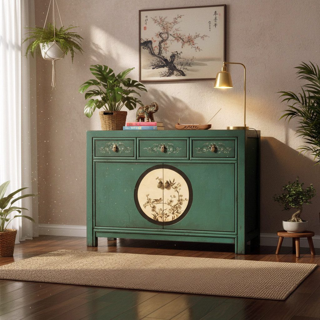 OPIUM OUTLET Kommode Asia Schrank Sideboard orientalisch chinesisch (Hochzeitsschrank, Möbel asiatisch komplett montiert), Vintage-Stil, smaragd-gün