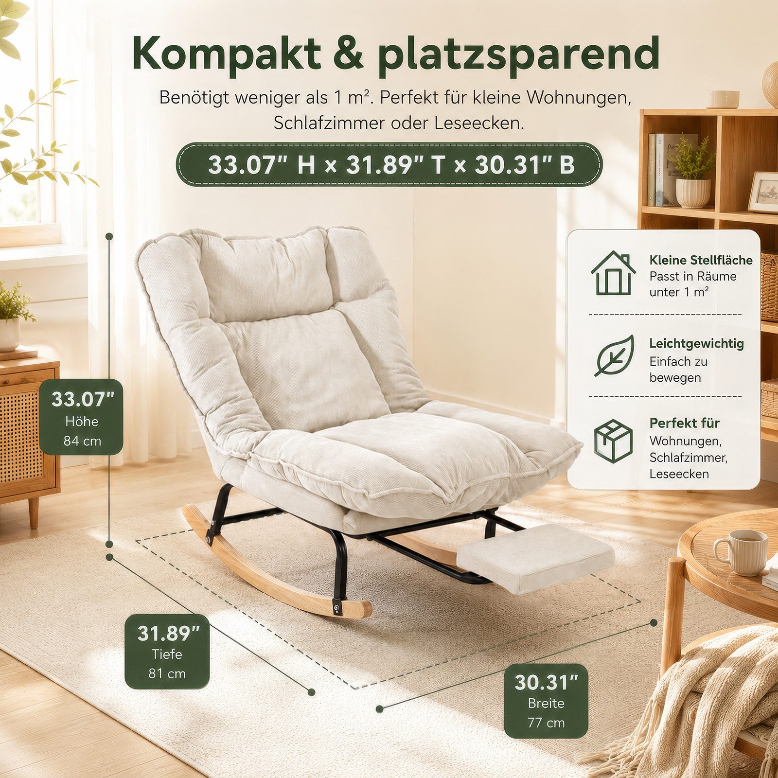 BlingBin Schaukelstuhl mit Fußstütze, verstellbar Rückenlehne, Schaukelsessel, Relaxsessel (Lesesessel, 1 St), Relaxstuhl, Gepolsterter sessel, Cord, bis 120 kg