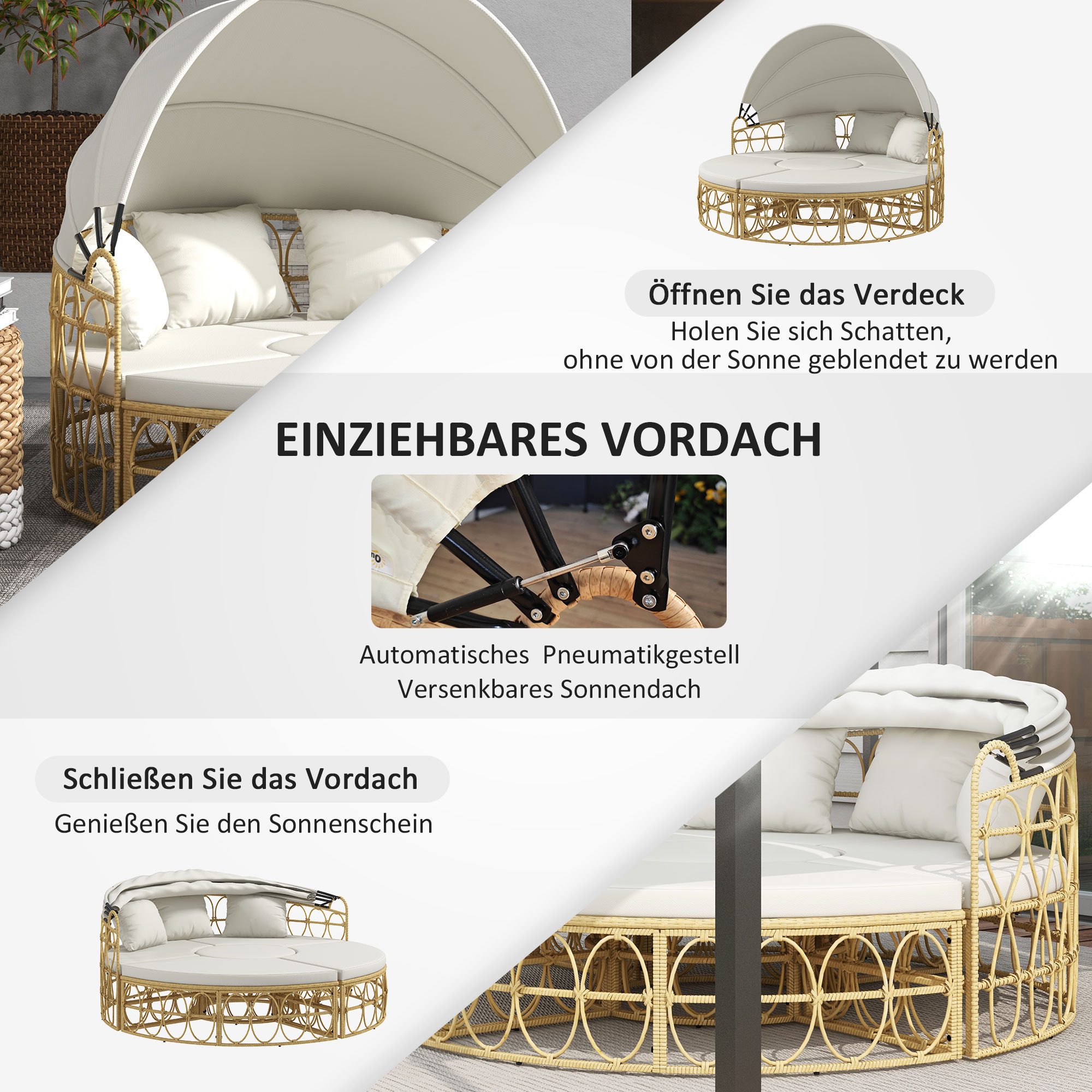 OKWISH Sonneninsel Sitzgruppe 4-tlg. Rattanoptik 178x85x66,5 cm Beige, Garten Liegeinsel für Terrasse Balkon, modernes Relaxmöbel Set 4 Teile, Outdoor Lounge mit ausziehbarem Dach, Sitzgruppe inkl. 5 Kissen