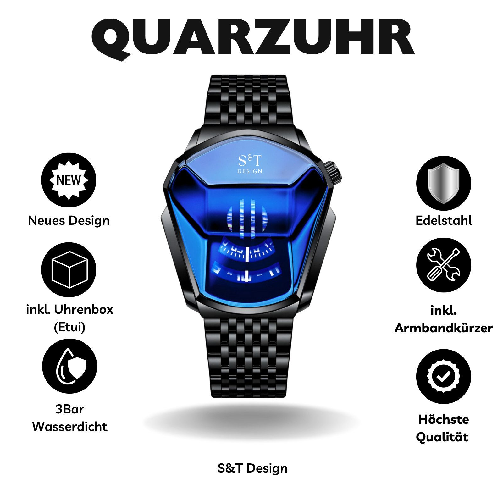S&T Design Quarzuhr Herren Uhr Edelstahl Armbanduhr Herrenuhr, (Geschenkebox (Etui), inkl. Armbandkürzer & Etui), Männer Uhr 3Bar Wasserdicht Analog Geschenk