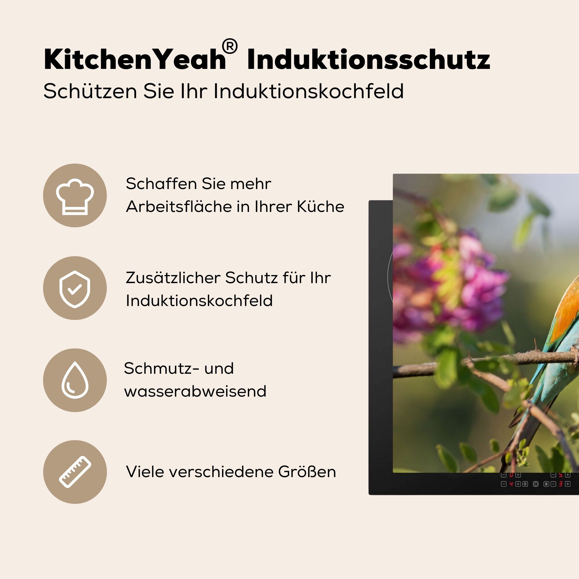 MuchoWow Herdblende-/Abdeckplatte Vinyl, - küche (1 Bienenfresser Arbeitsplatte tlg), für Ceranfeldabdeckung, Vogel 81x52 - cm, Blumen